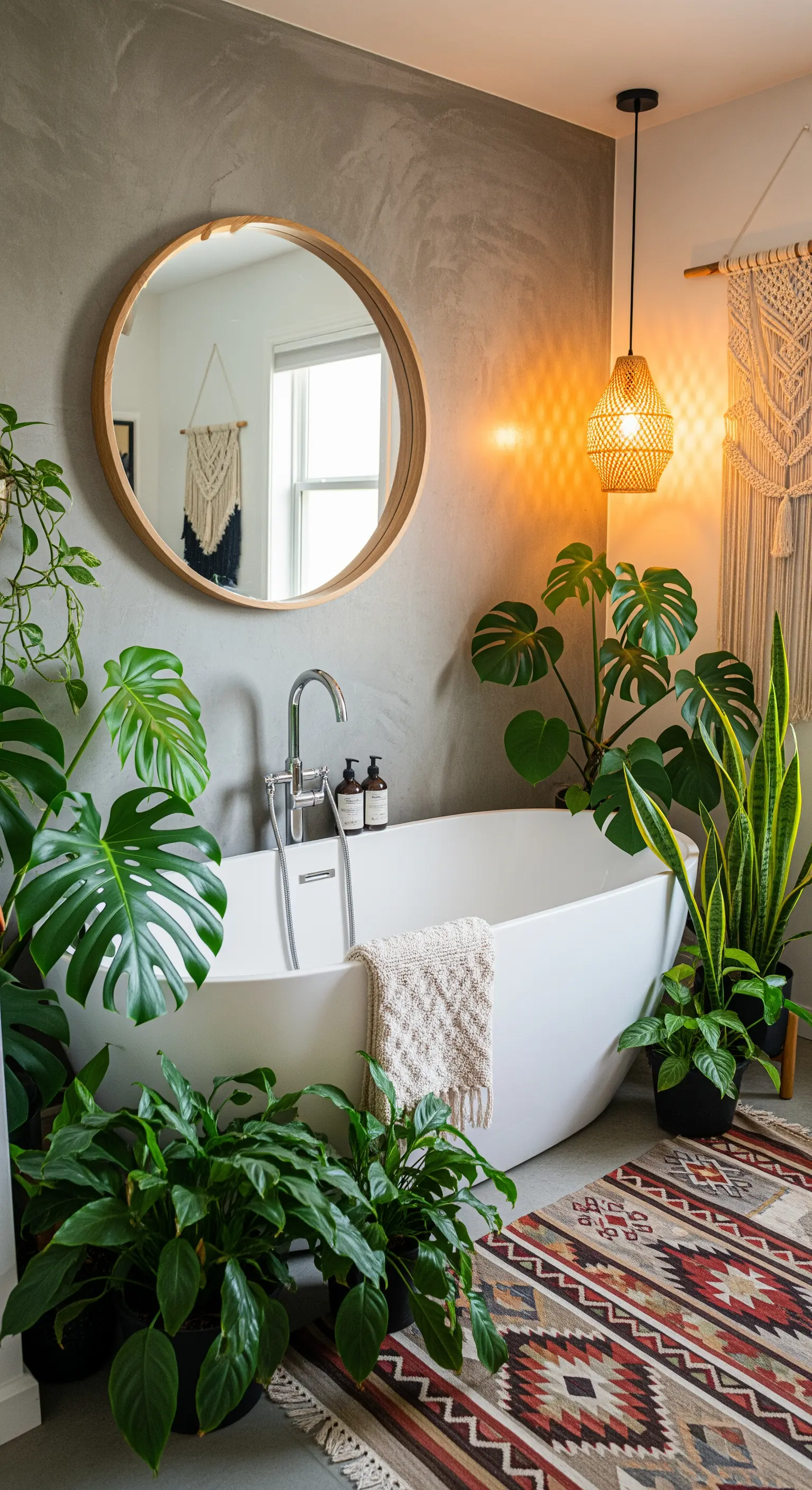 Bagno boho-chic con vasca bianca circondata da piante, tappeto etnico e specchio rotondo.