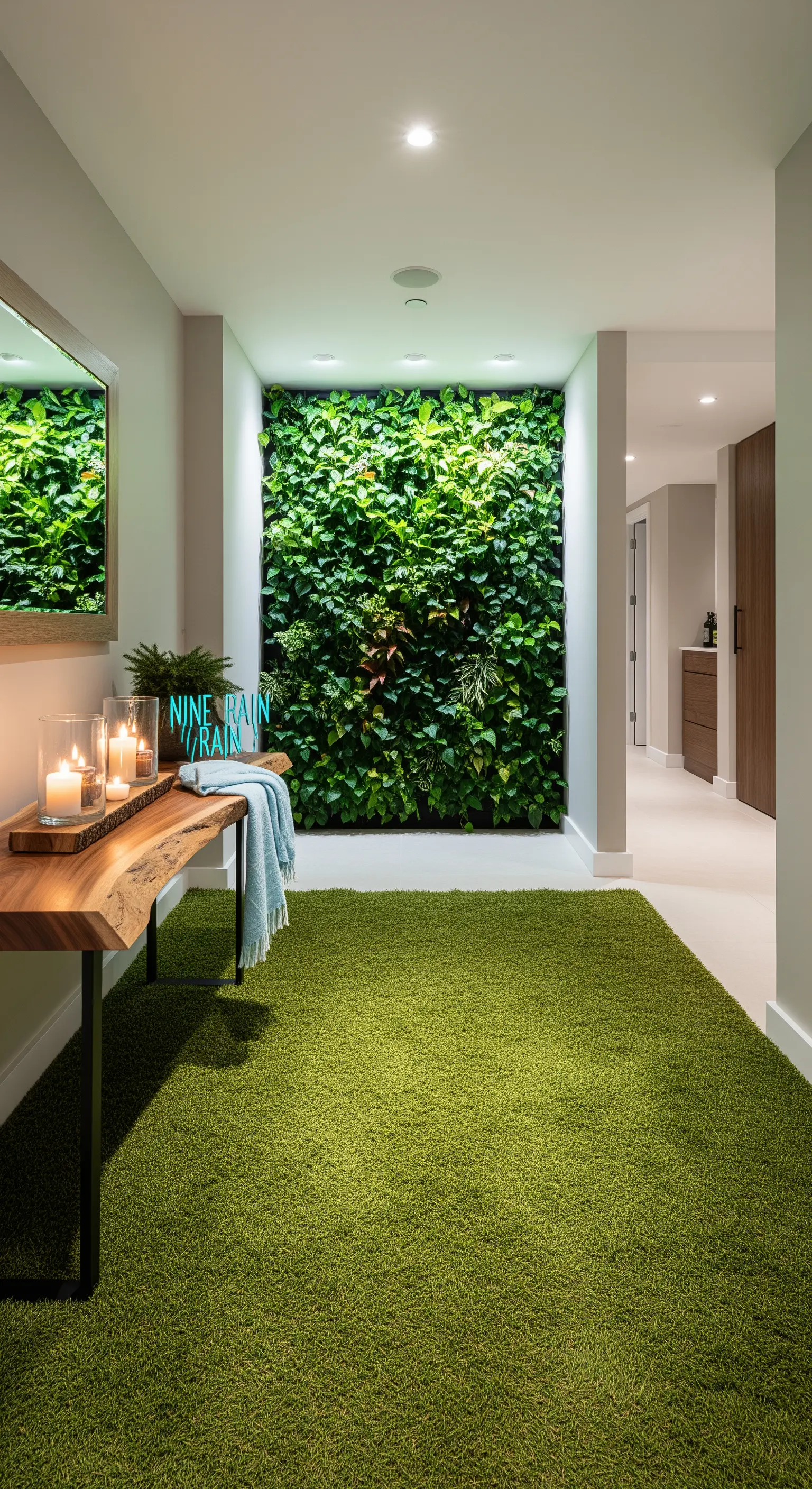 Ingresso con una parete interamente ricoperta di piante vere e un tappeto verde effetto prato.