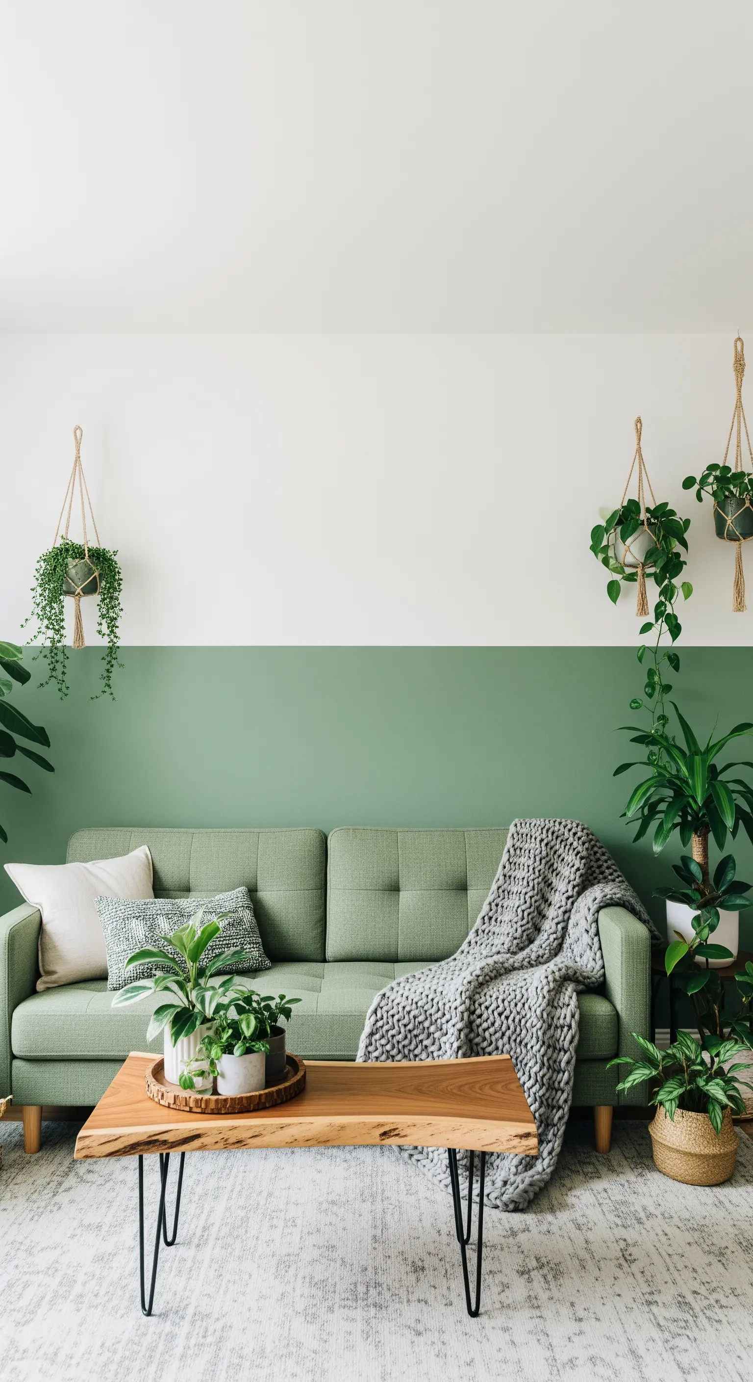 Salotto con mezza parete verde menta, divano coordinato e tante piante da interno.