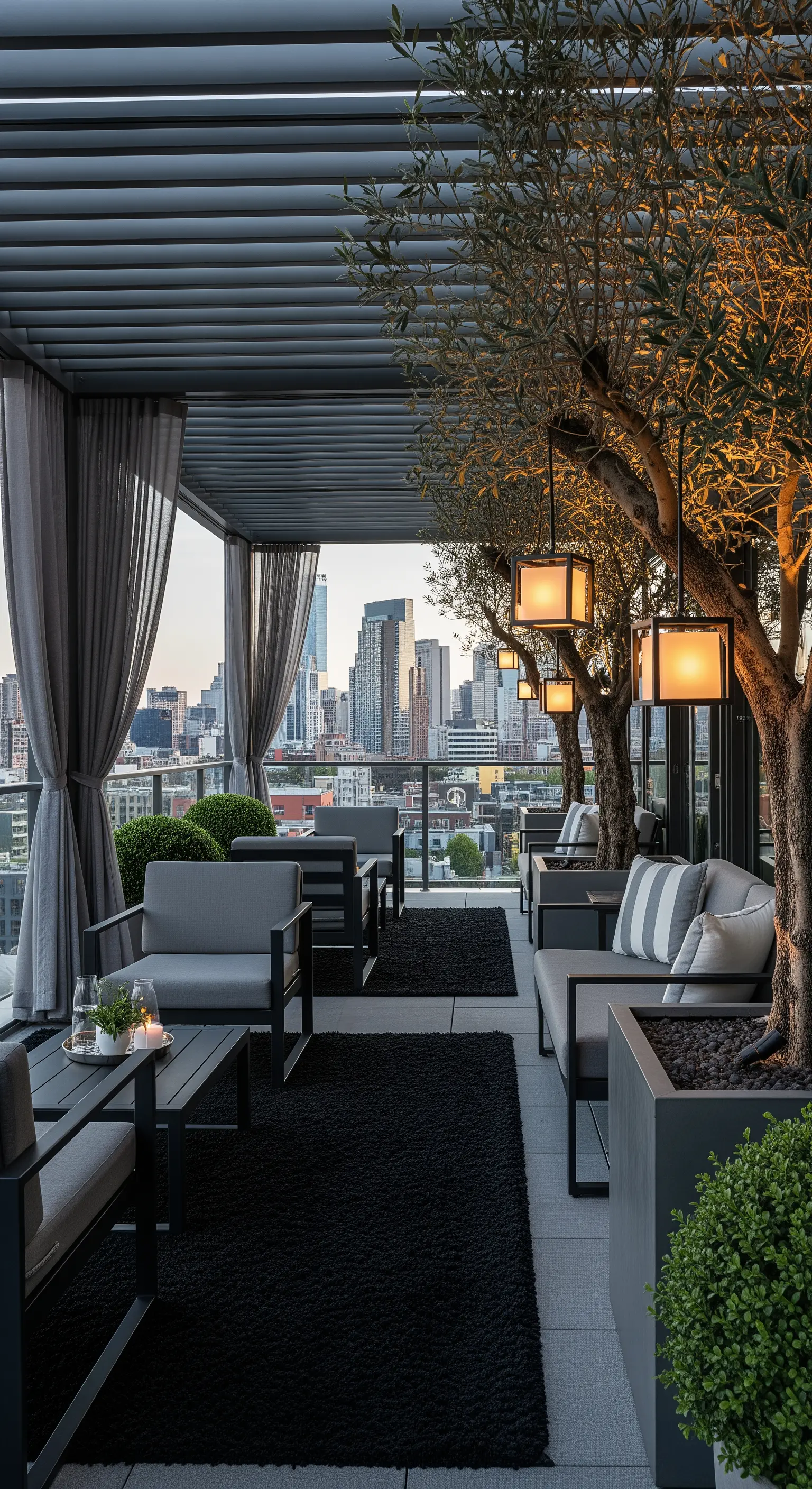 Rooftop moderno con arredi grigi, ulivi in vaso, tappeti neri e lanterne di design