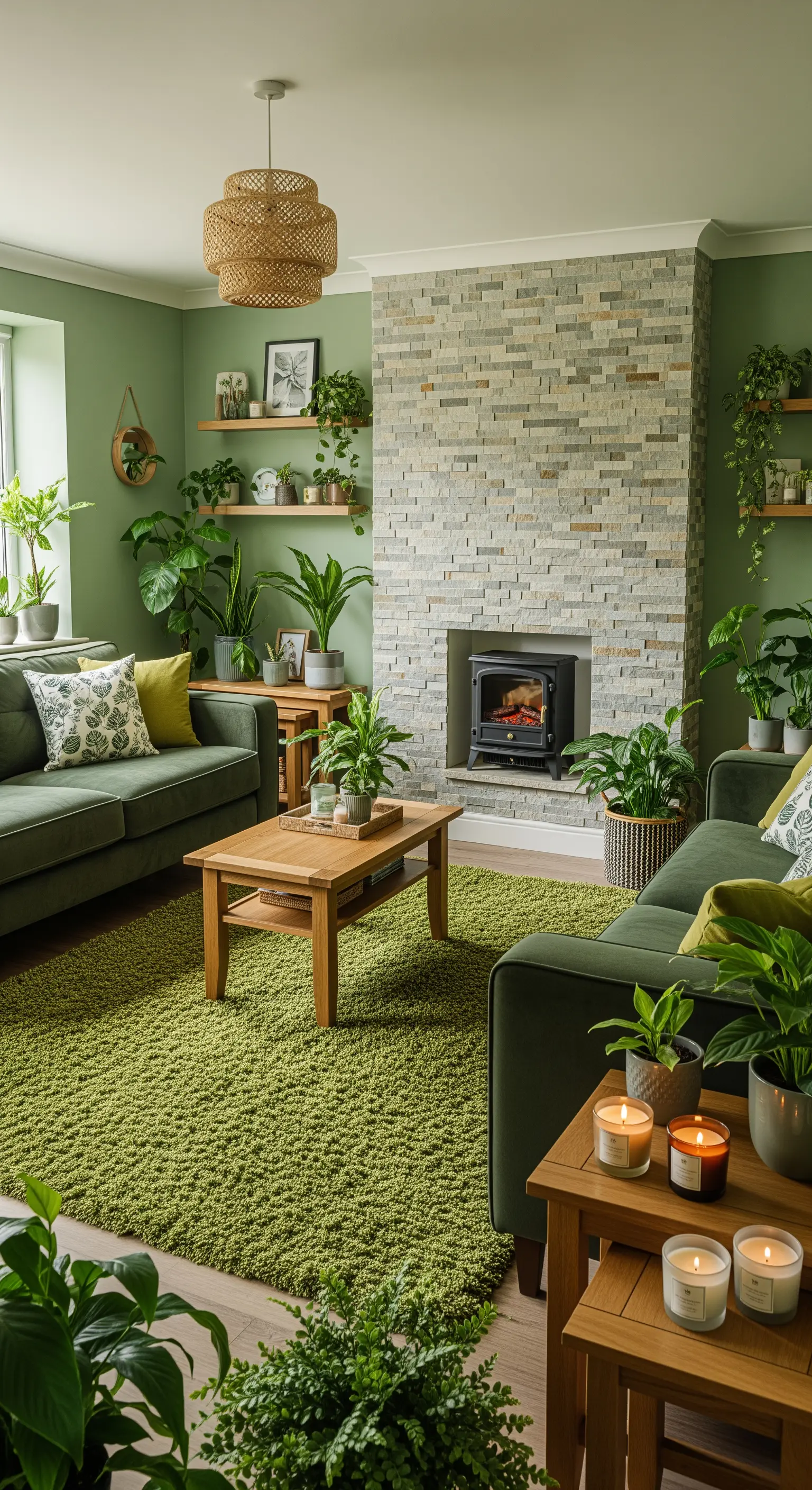 Soggiorno verde con parete del camino in pietra e numerose piante.