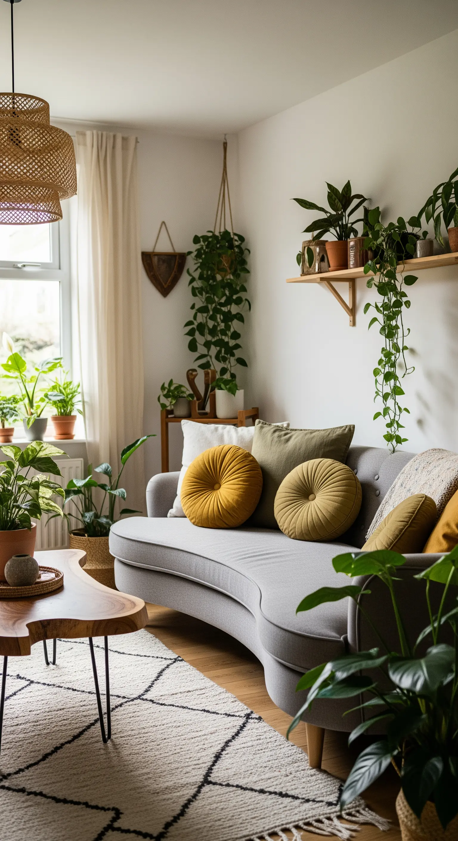 Soggiorno pieno di piante con divano grigio e cuscini rotondi senape e verdi.