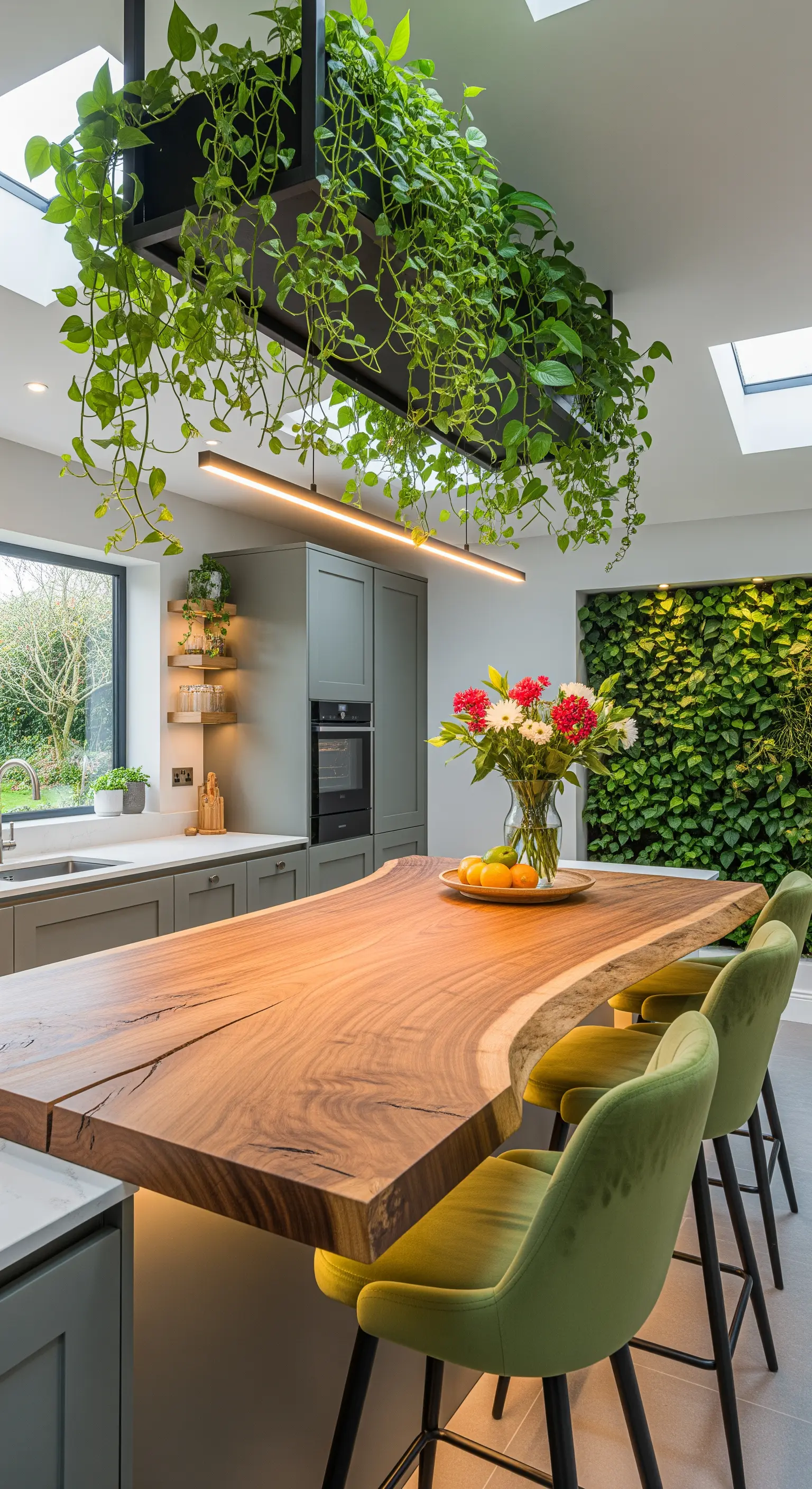Cucina con grande installazione di piante sospese sopra una penisola in legno massiccio