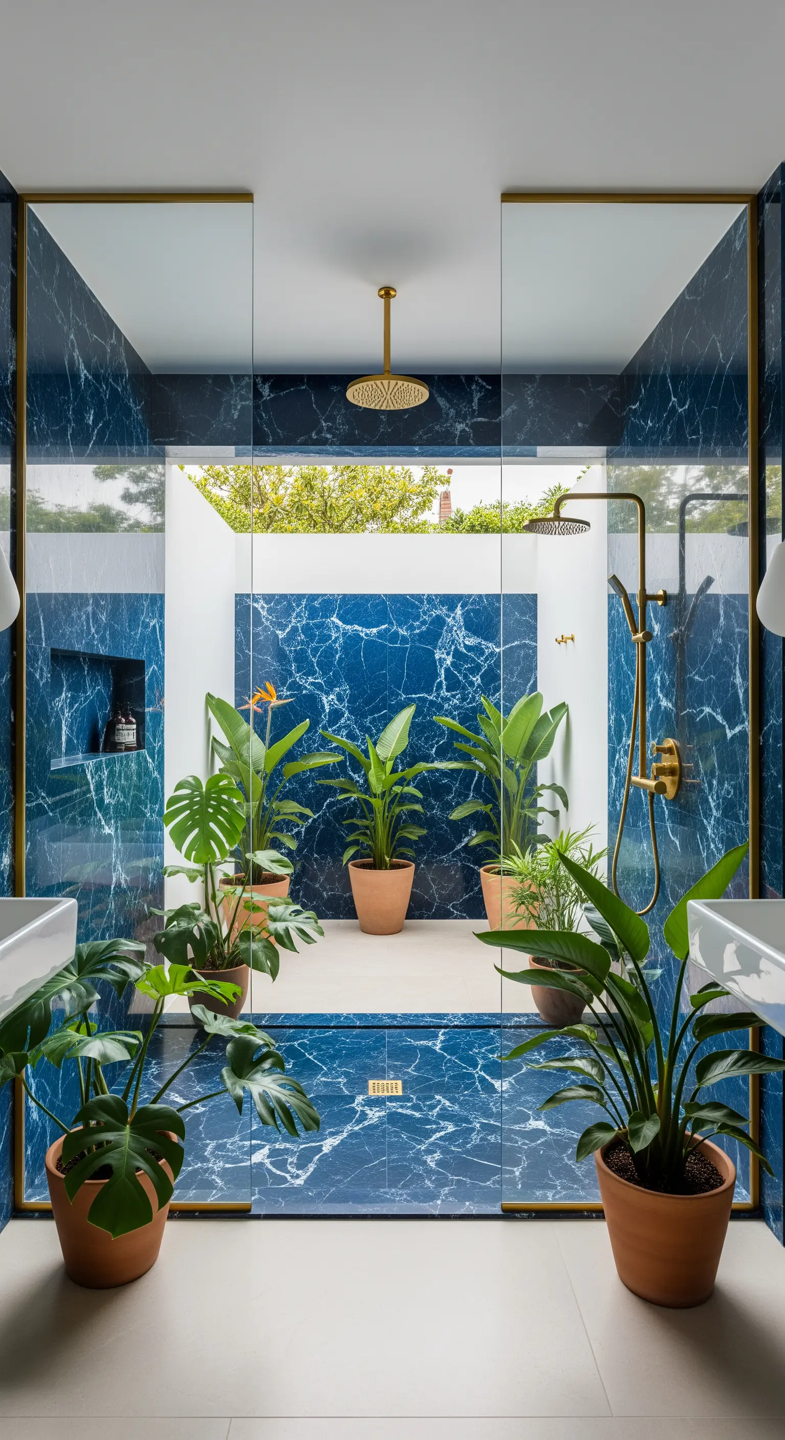 Doccia walk-in in marmo blu aperta su un cortile interno con piante tropicali.