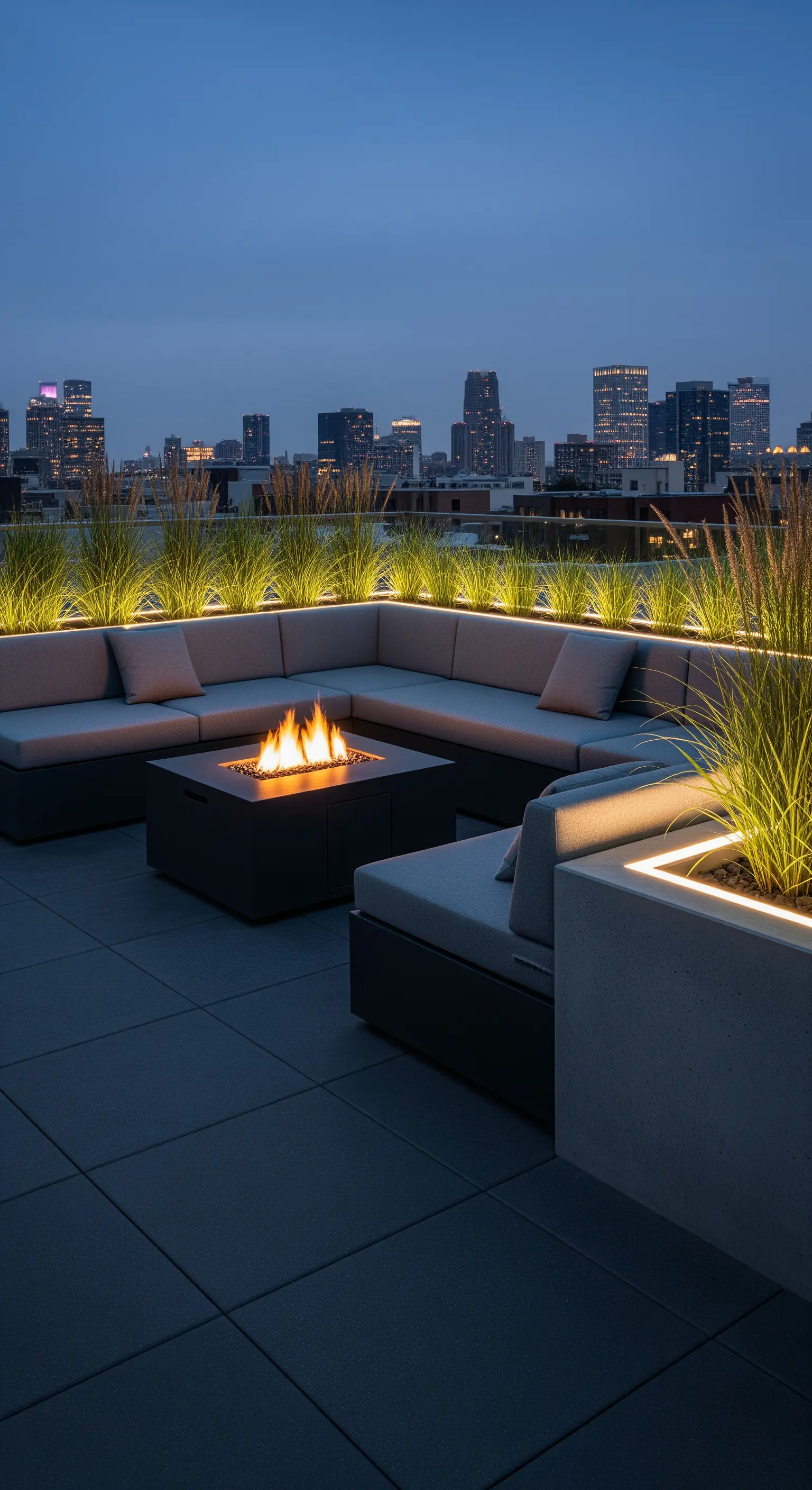 Rooftop con divano a L grigio, braciere centrale e piante illuminate da strisce LED