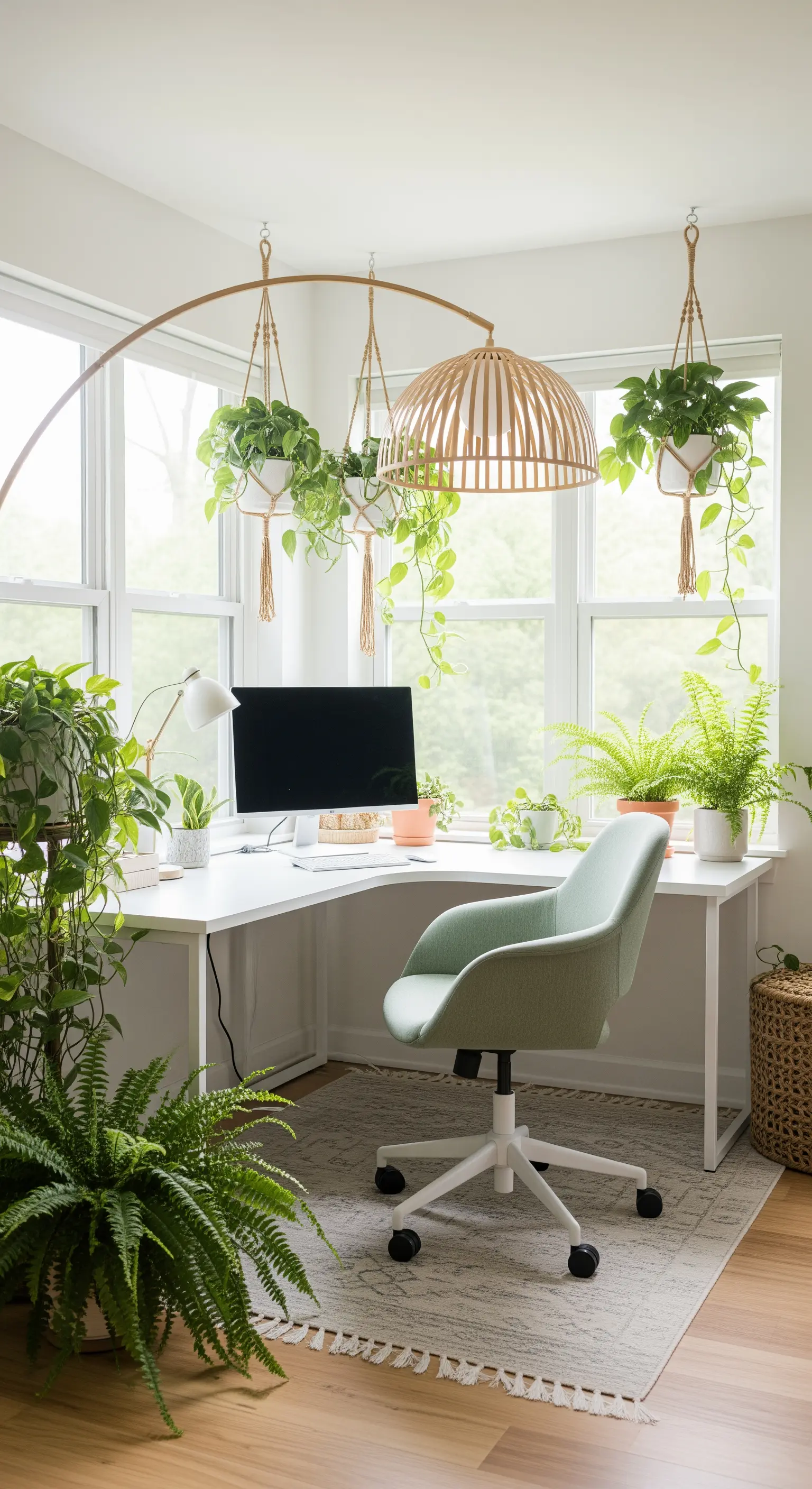 Studio luminoso con scrivania a L bianca e numerose piante verdi sospese e a terra.