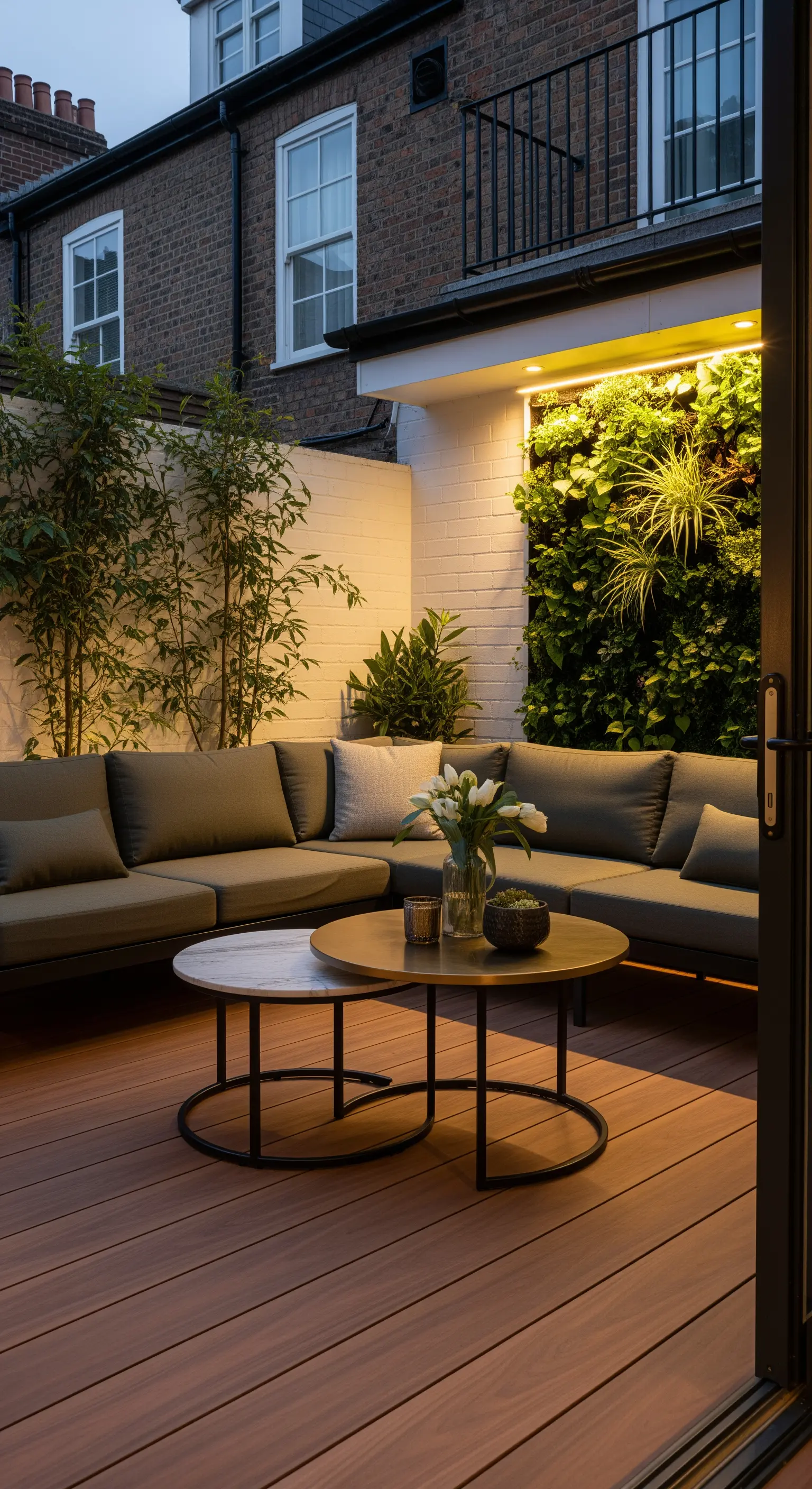 Patio con divano angolare, parete verde verticale e tavolini bassi sovrapposti.