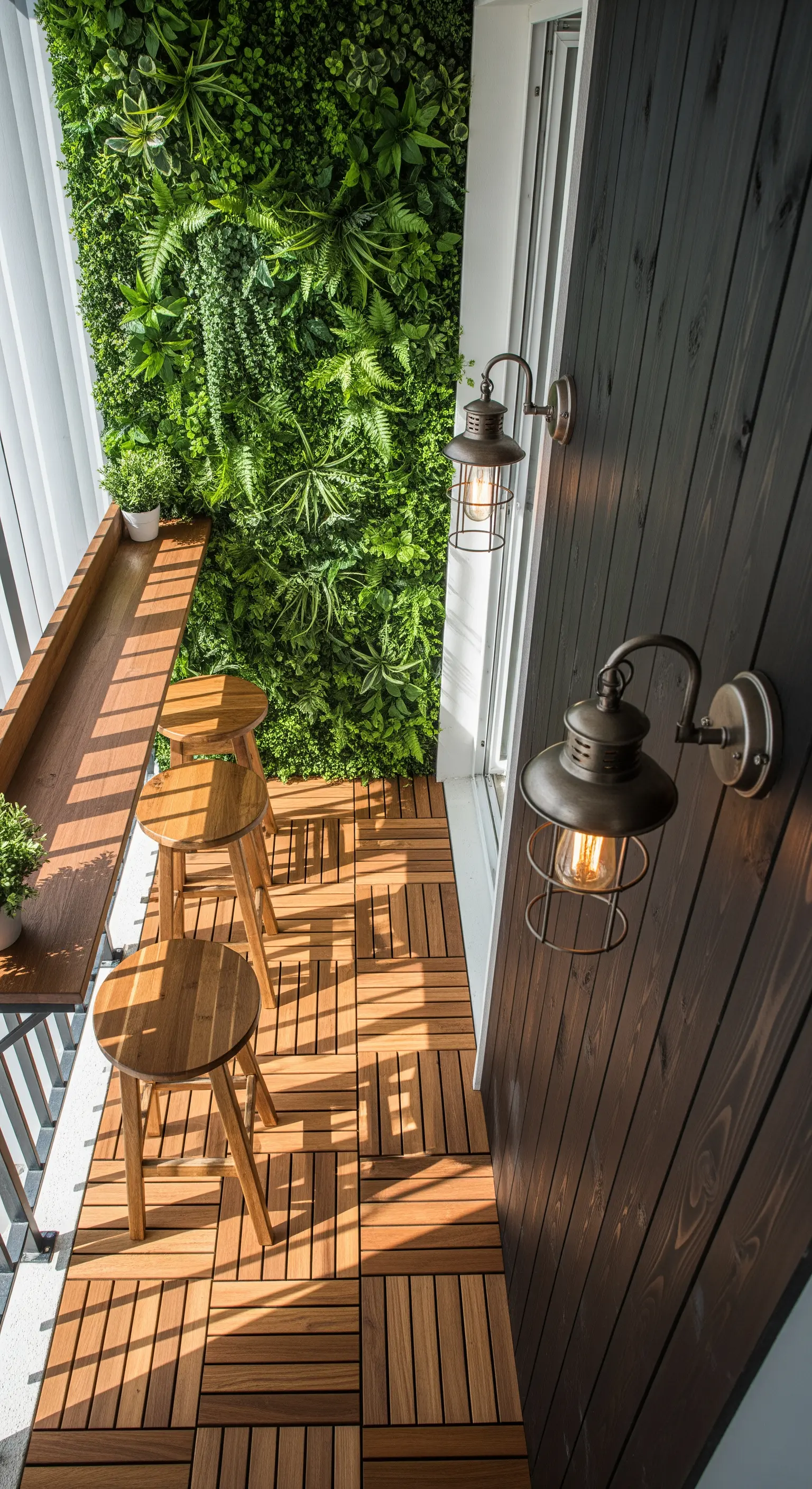 Balcone stretto con parete verde, bancone in legno e applique in stile industriale.