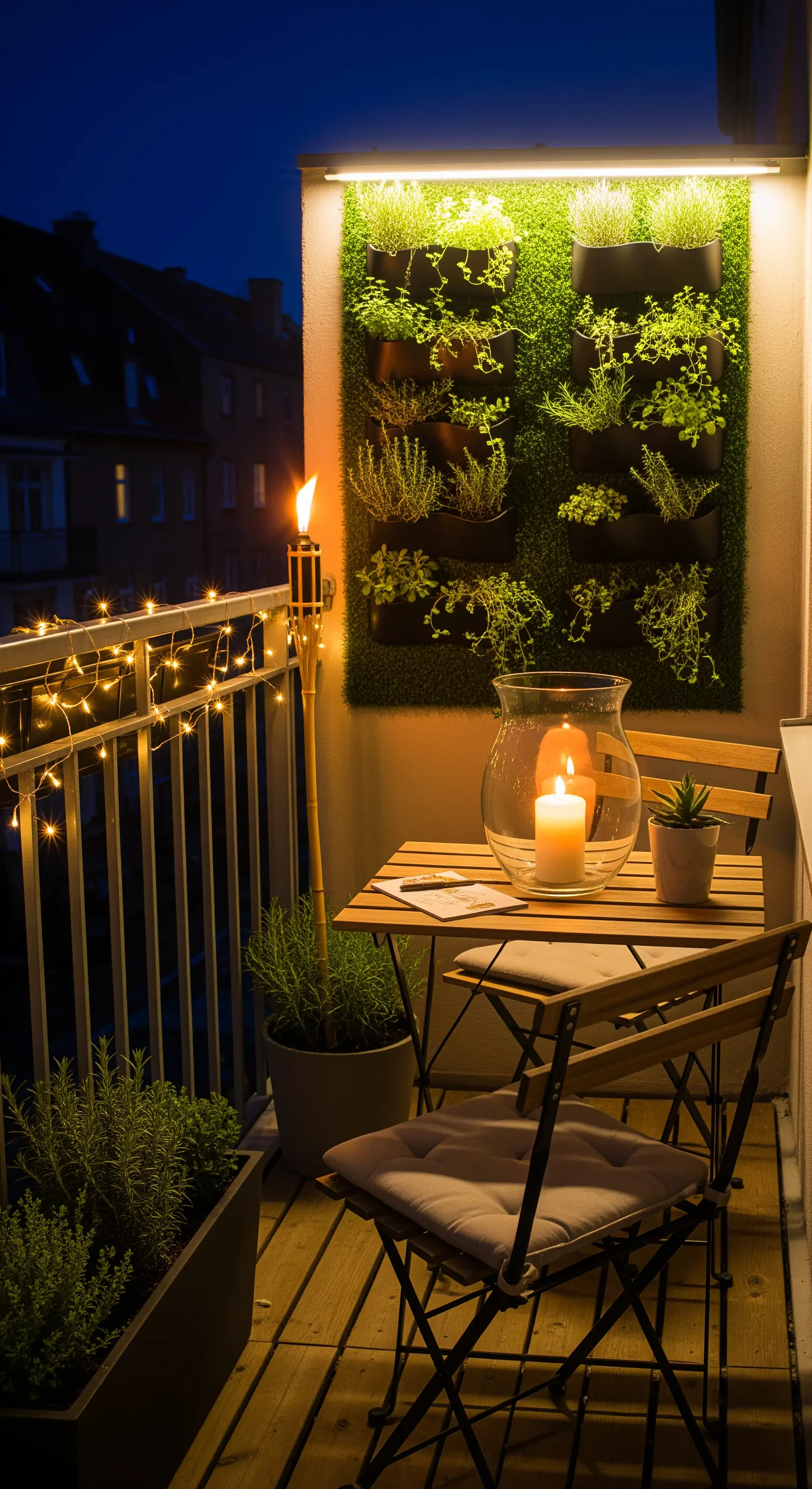 Balcone con parete verde verticale illuminata, lucine sulla ringhiera e una candela sul tavolino.