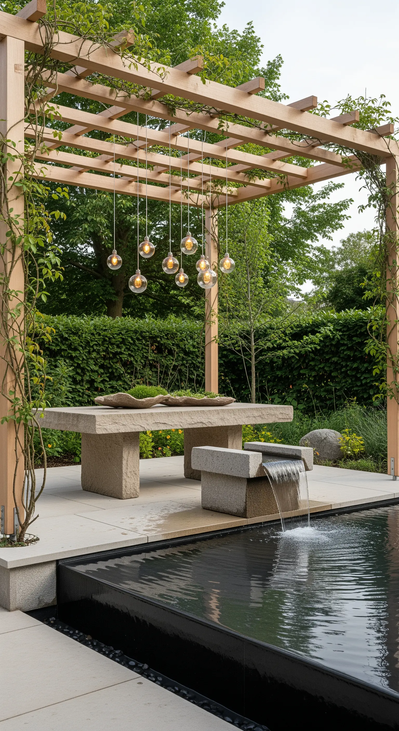 Pergolato in legno con tavolo in pietra e piccola cascata a bordo vasca d'acqua