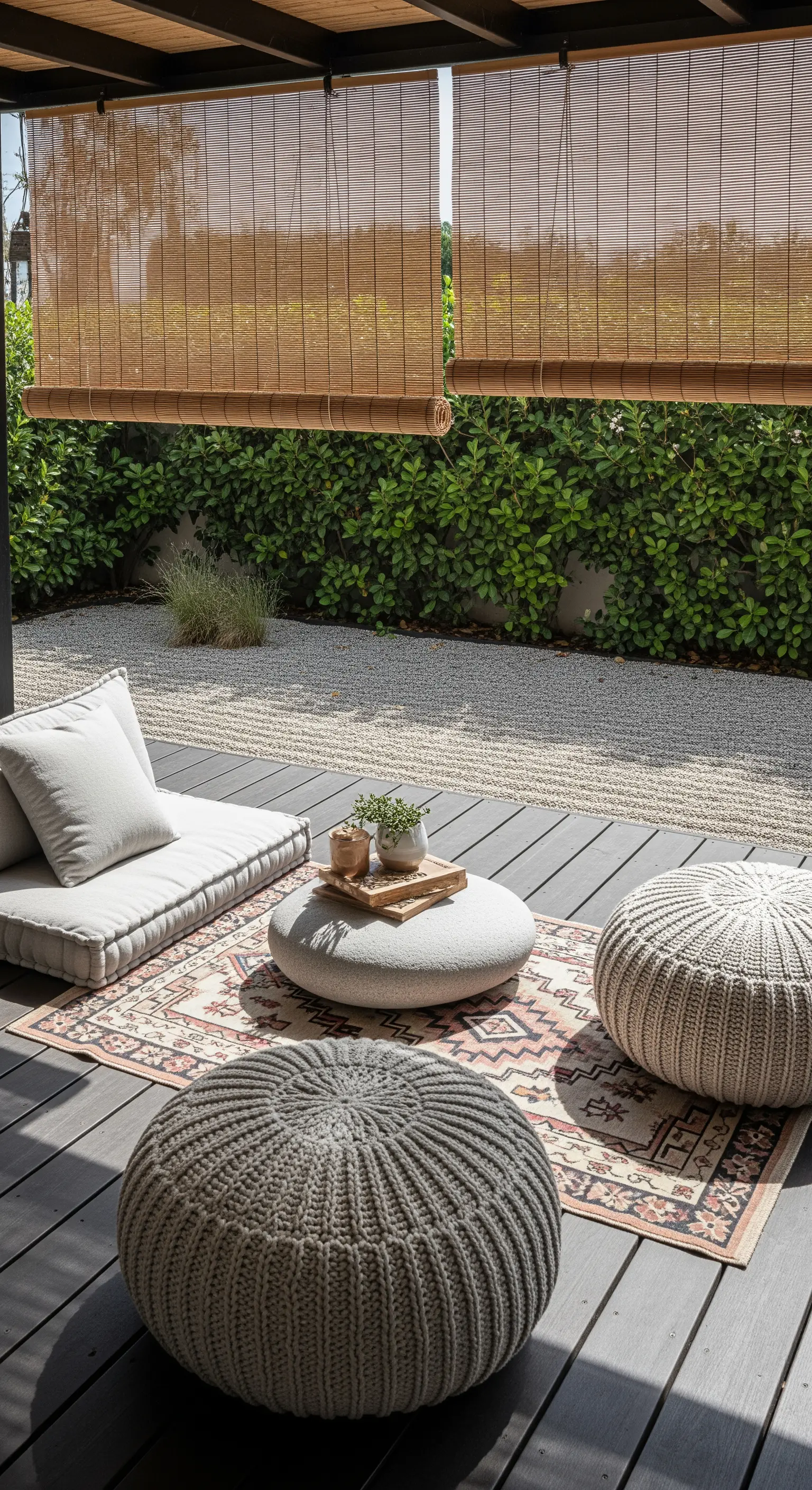 Patio minimalista con cuscini da terra, pouf e tende a rullo in bambù.