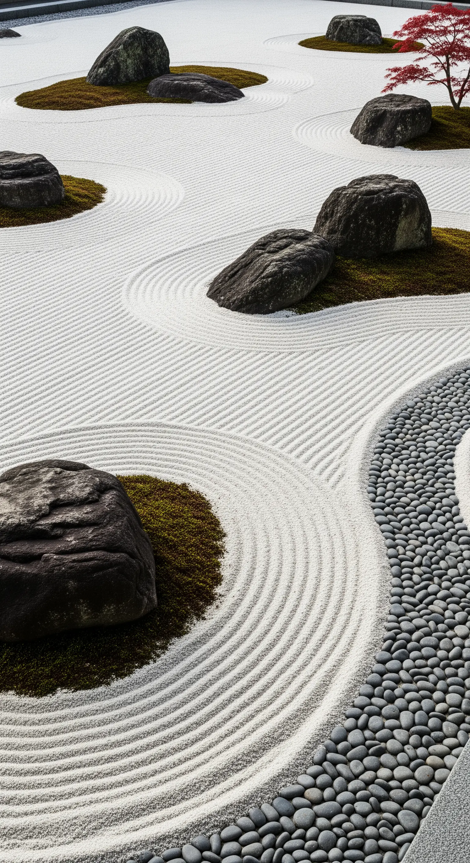 Giardino zen con sabbia bianca rastrellata, rocce scure e un sentiero di ciottoli neri.