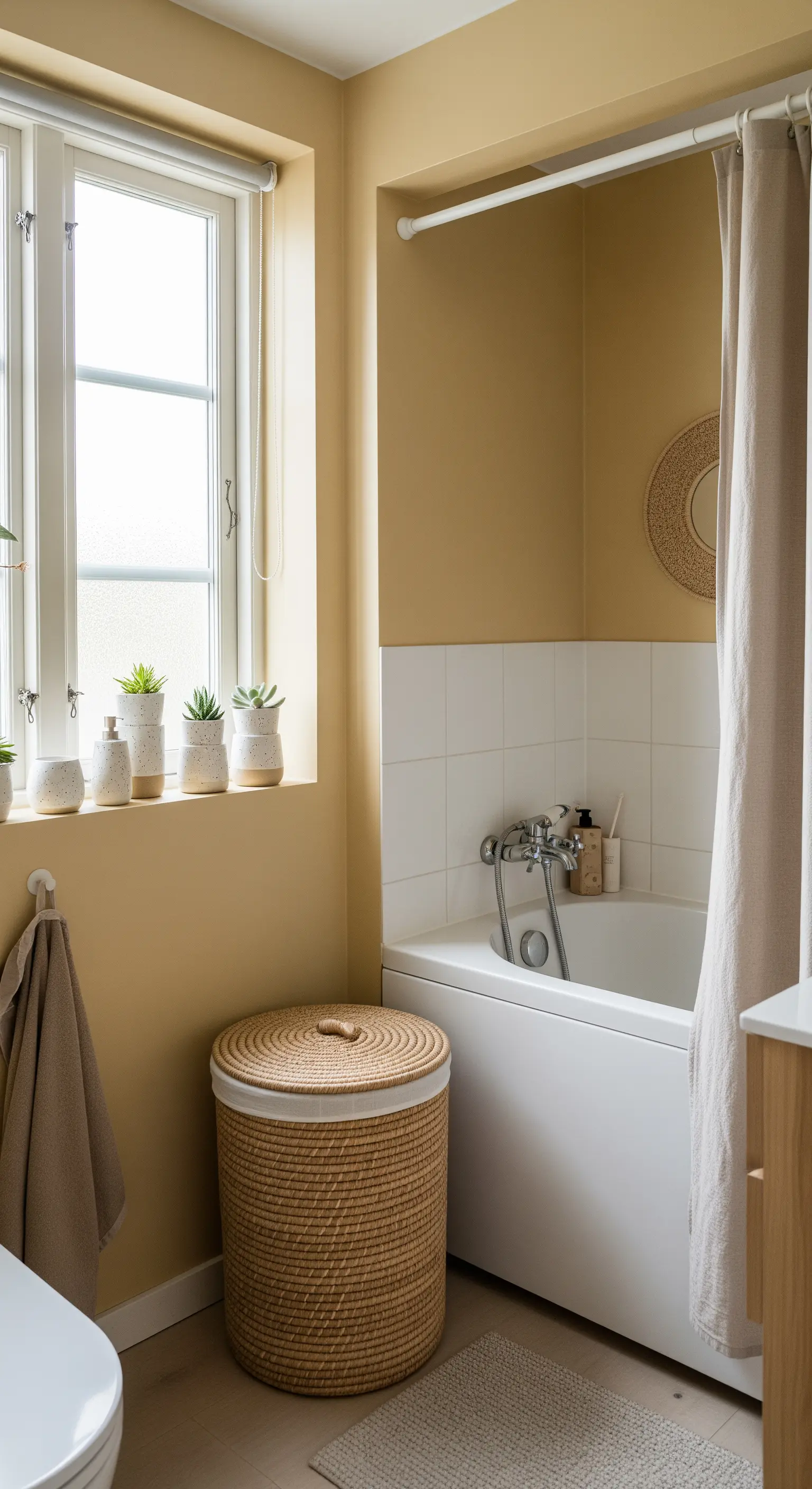 Bagno con pareti color ocra, cesto portabiancheria in vimini e tenda doccia in lino.