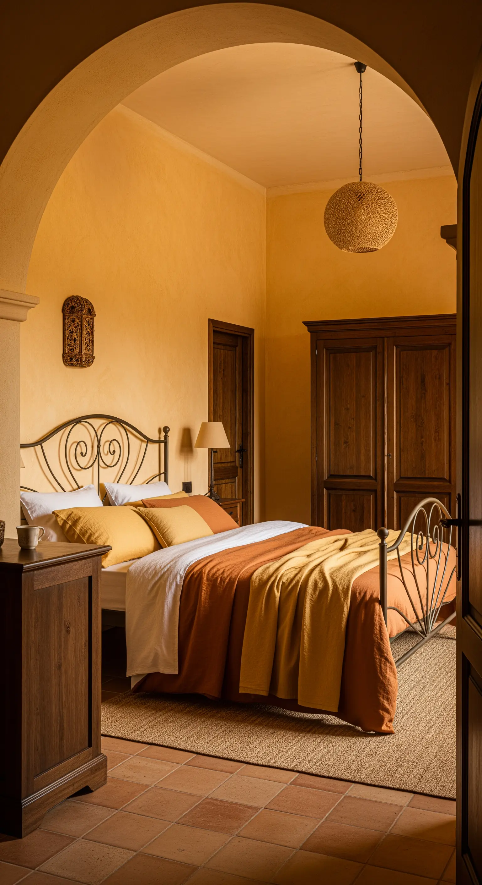 Camera da letto in stile mediterraneo con pareti ocra e letto in ferro battuto.