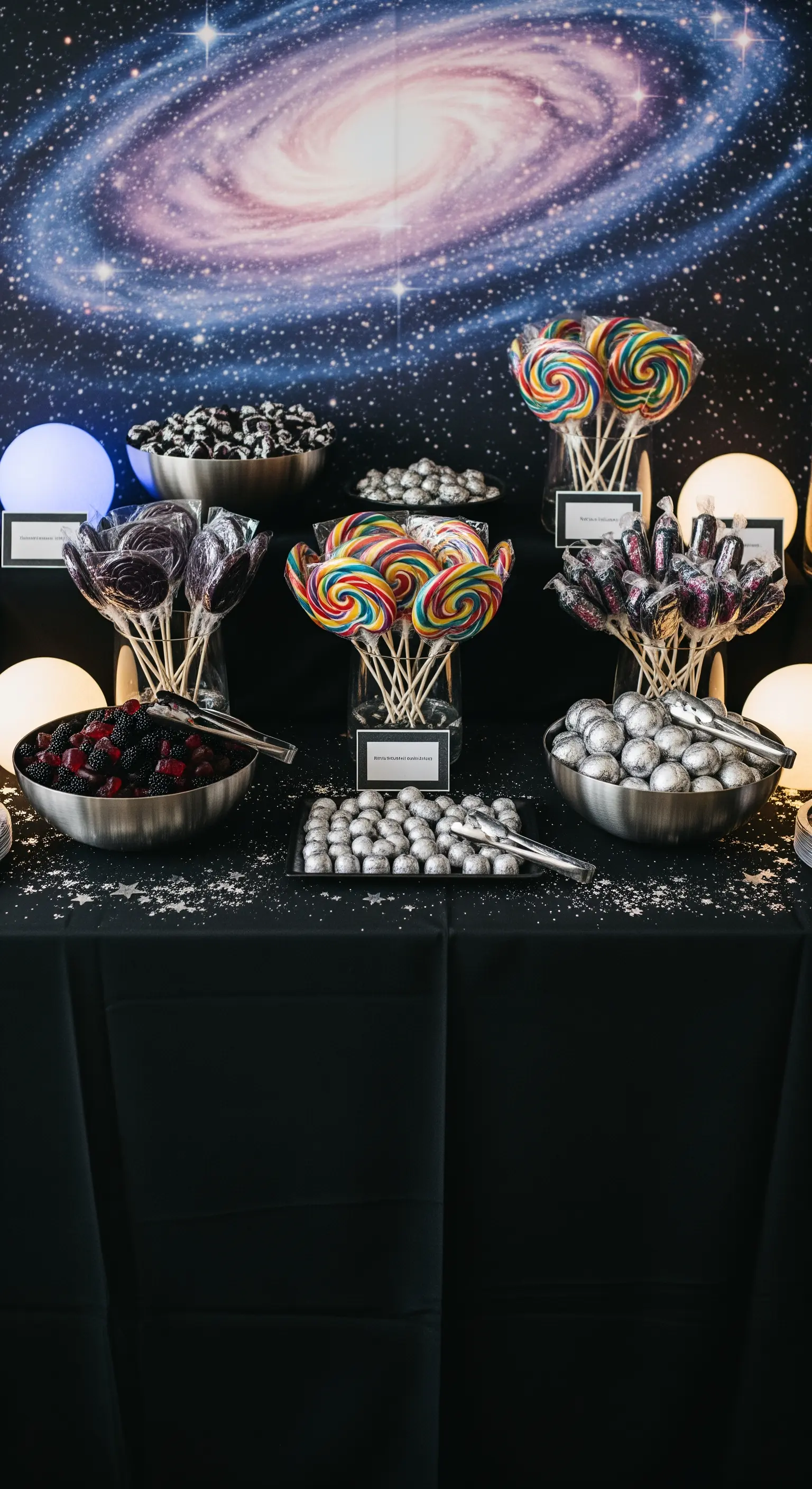 Candy bar a tema galassia con sfondo stellato, caramelle argentate e sfere luminose