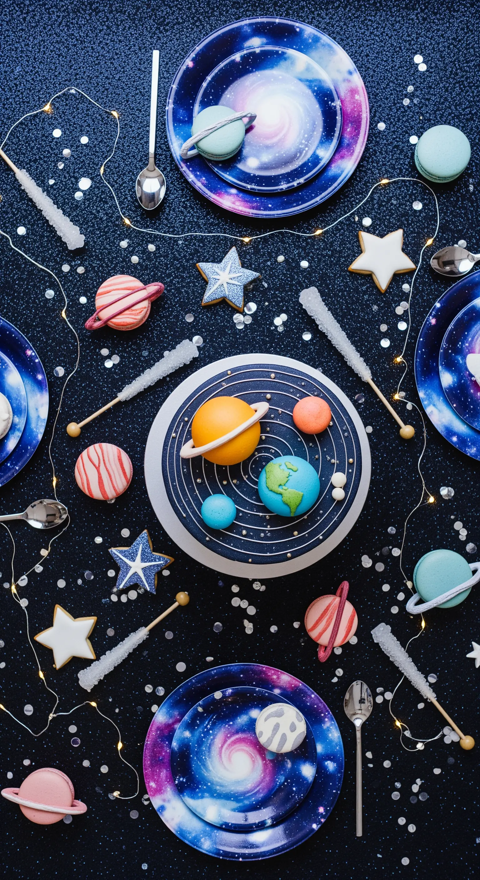 Tavola a tema galassia con torta a forma di sistema solare, piatti stellati e biscotti a tema.