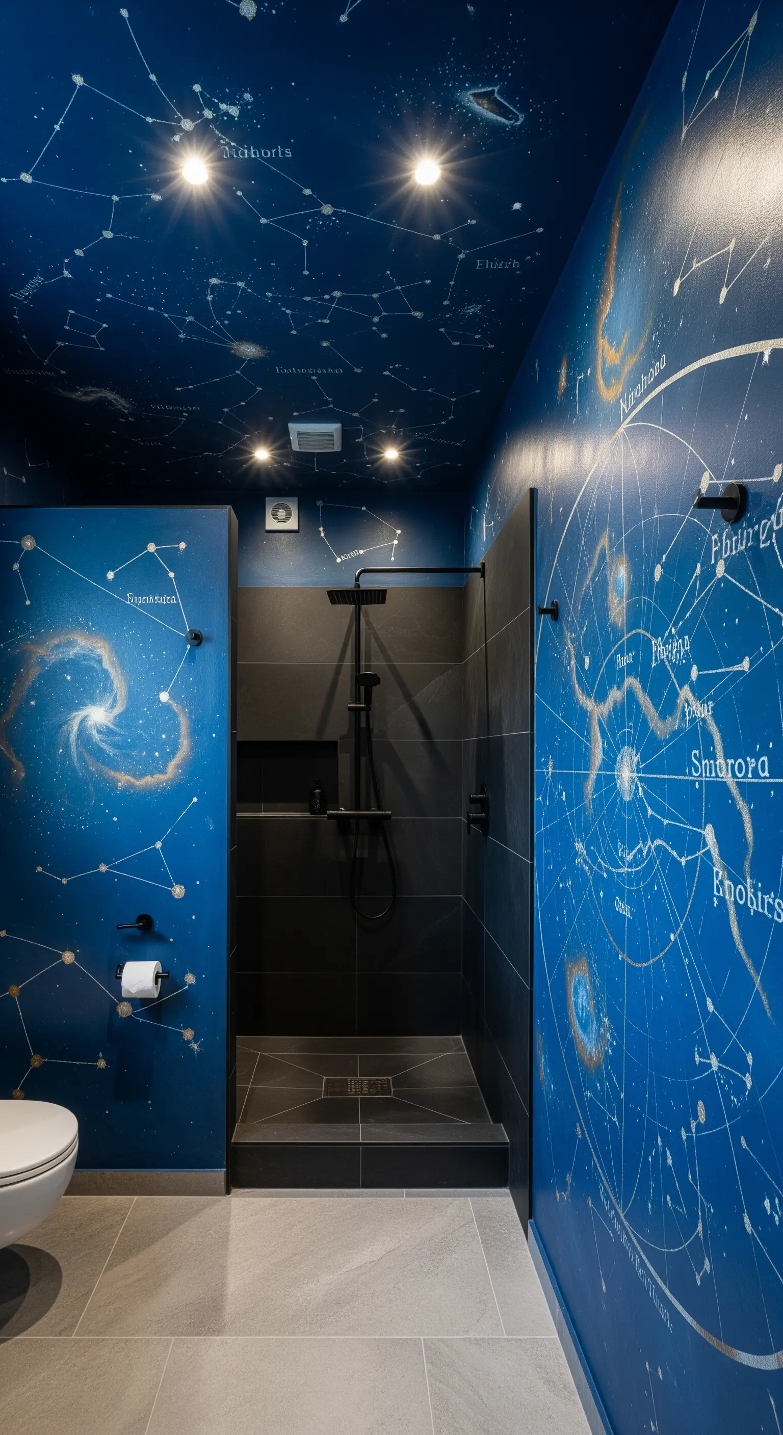 Bagno avvolgente con murale di costellazioni su pareti e soffitto e doccia con piastrelle nere.