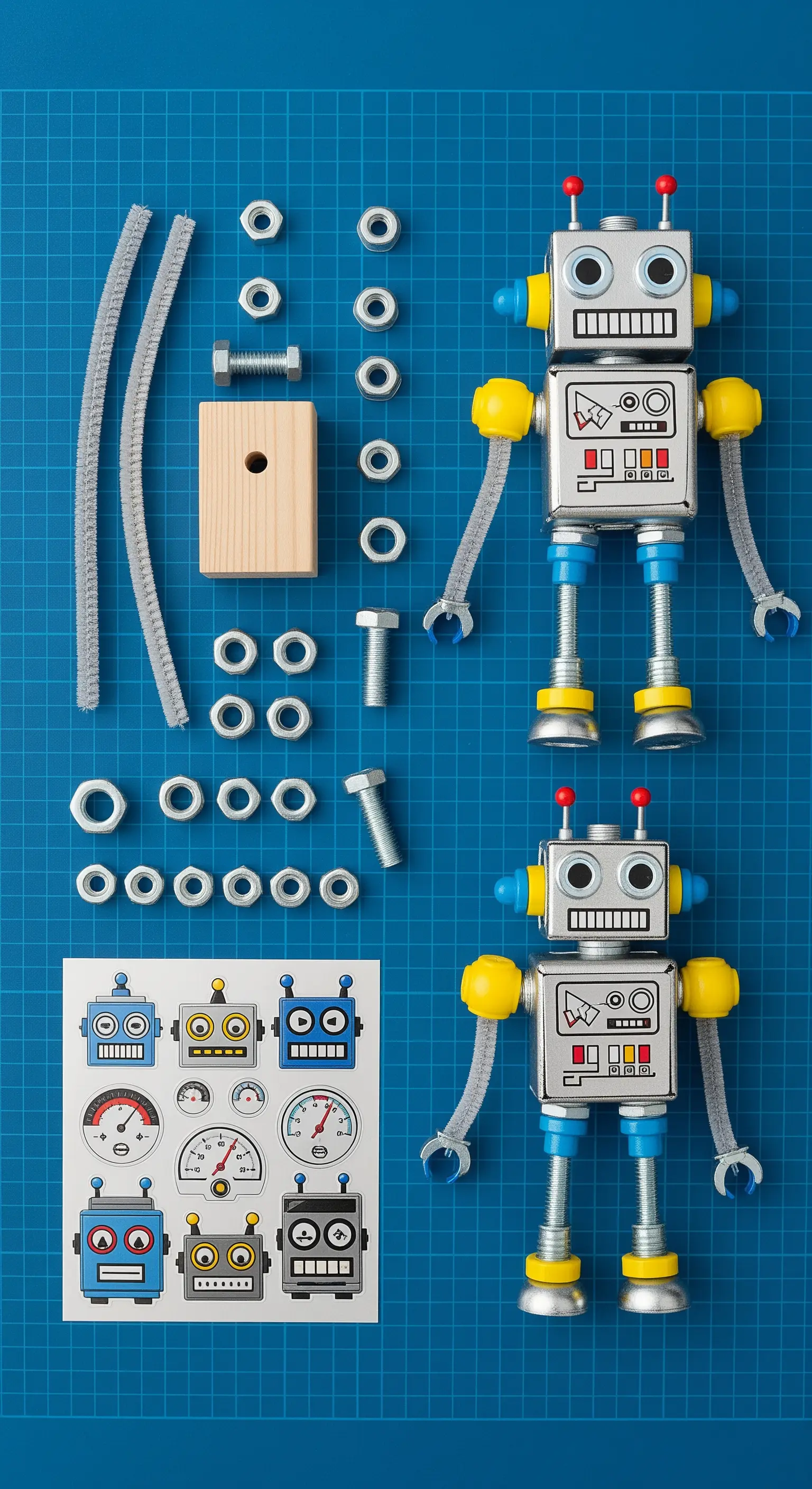 Kit per costruire un robot con blocchi di legno, viti, bulloni e adesivi.