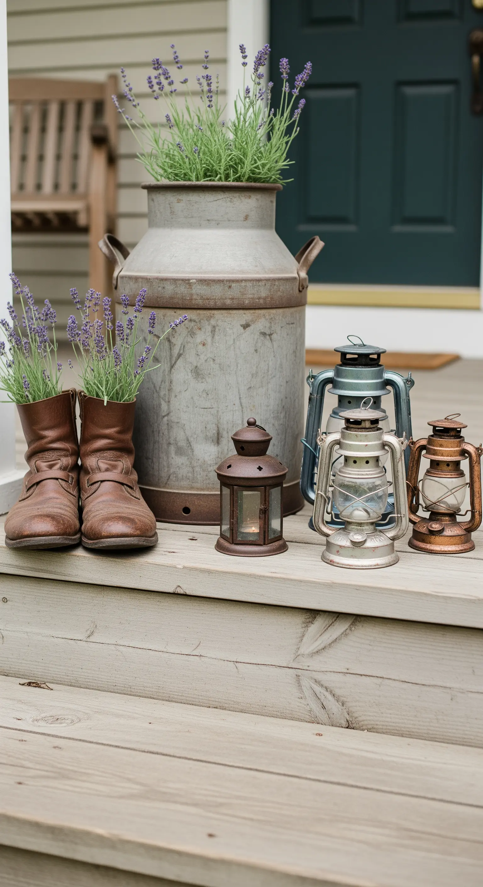 Decorazione con lavanda piantata in vecchi stivali di pelle, accanto a un bidone del latte.