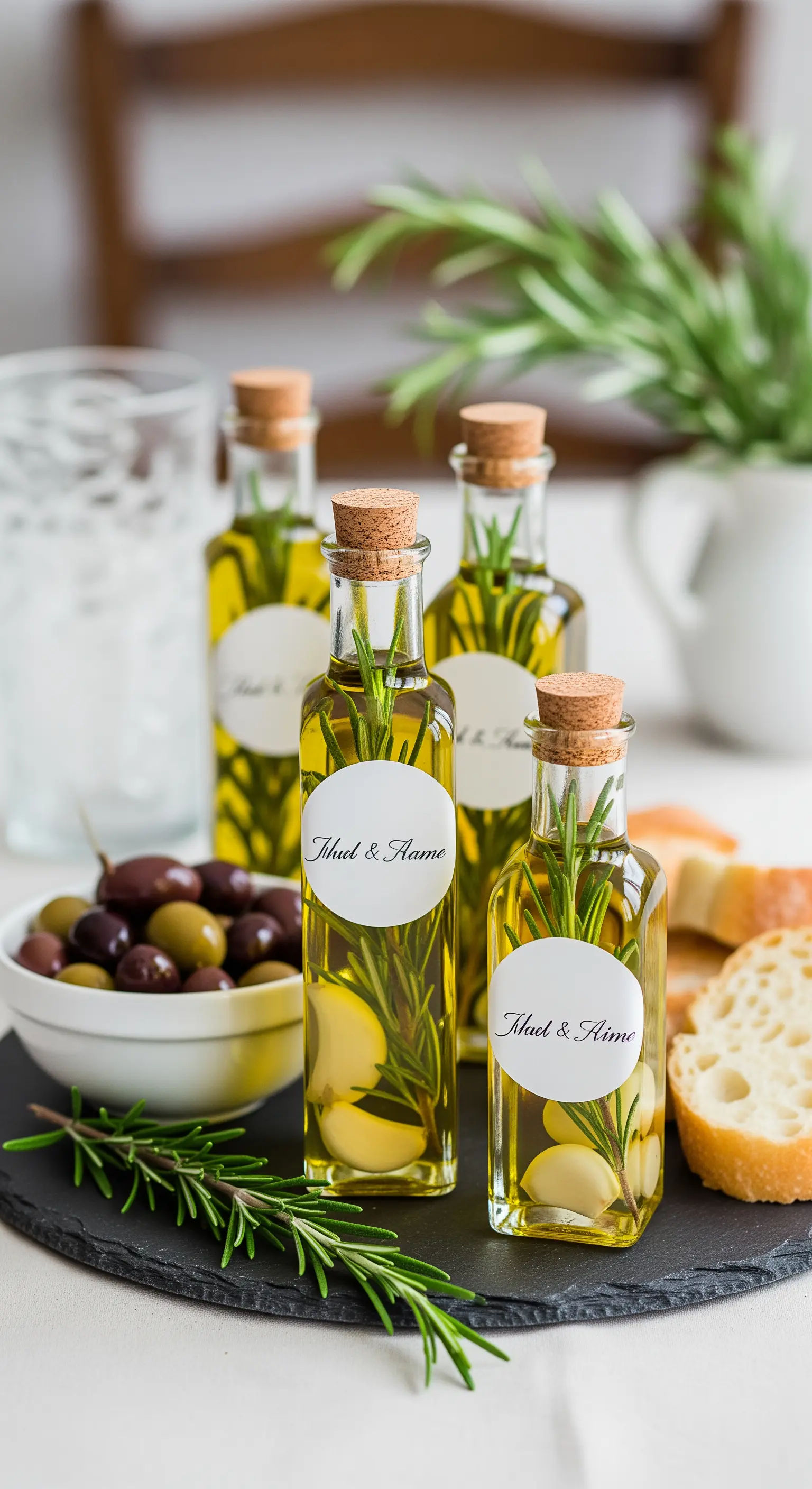 Piccole bottiglie di olio d'oliva con rosmarino e aglio, decorate con etichette personalizzate.