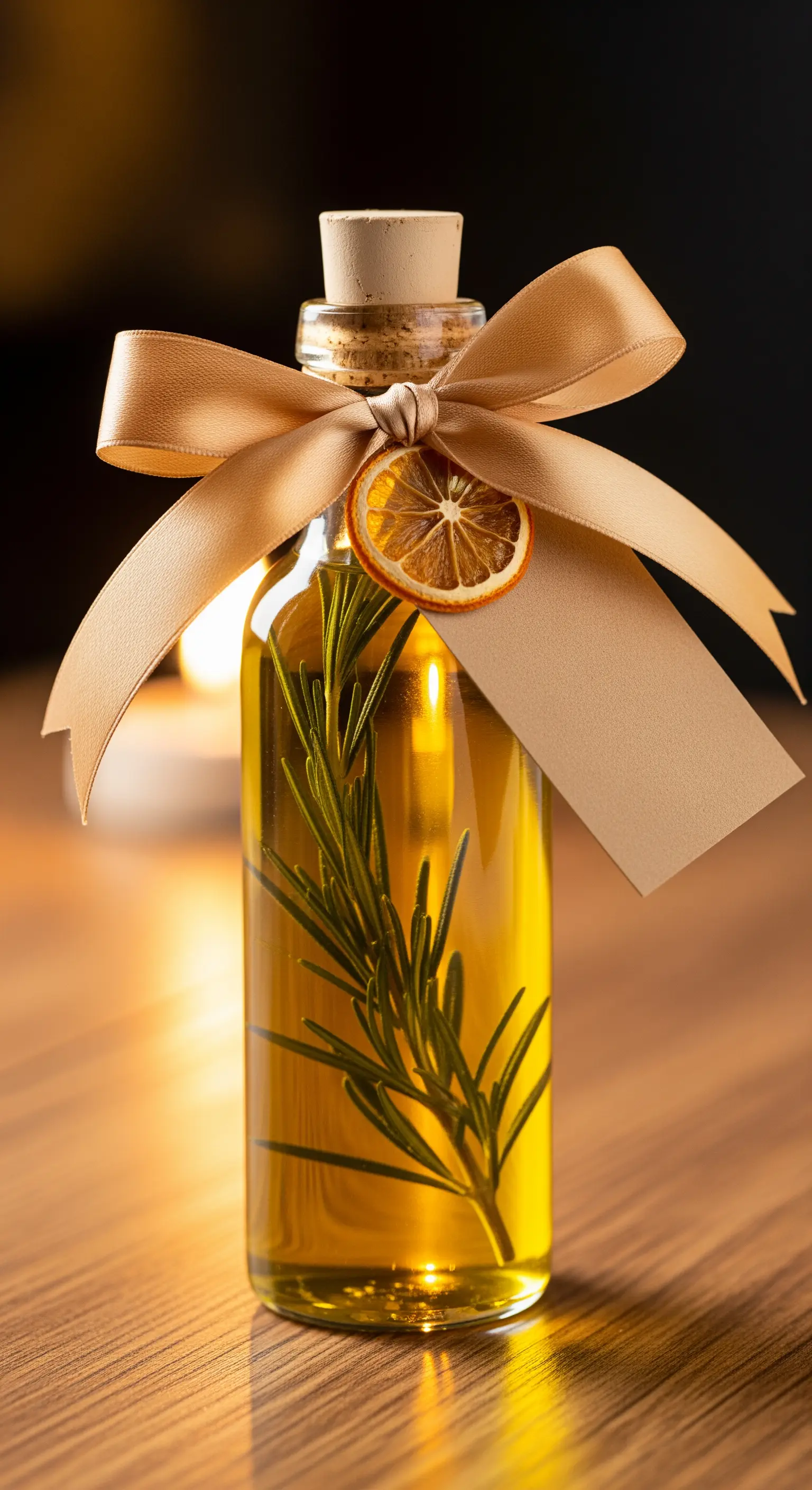 Bottiglia di olio infuso con rosmarino, decorata con un nastro dorato e una fetta d'arancia.