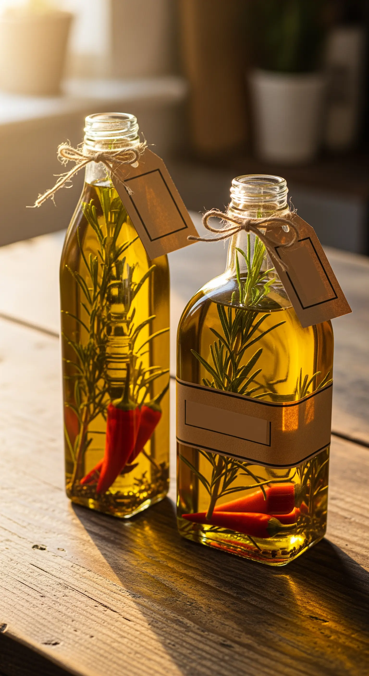Bottiglie di vetro con olio d'oliva infuso con rametti di rosmarino fresco e peperoncini rossi.
