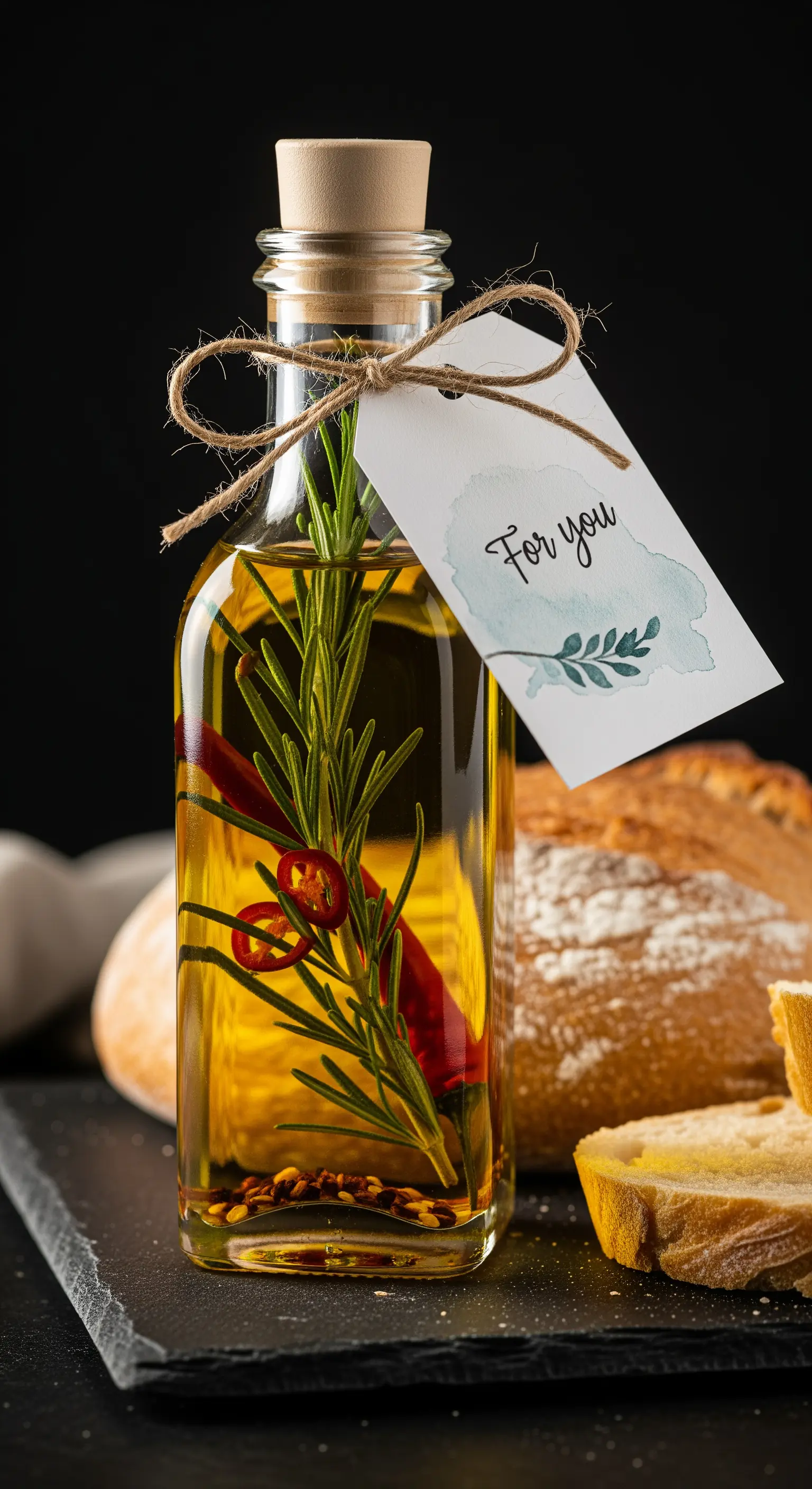 Bottiglia di olio d'oliva aromatizzato con rosmarino e peperoncino, con etichetta personalizzata.