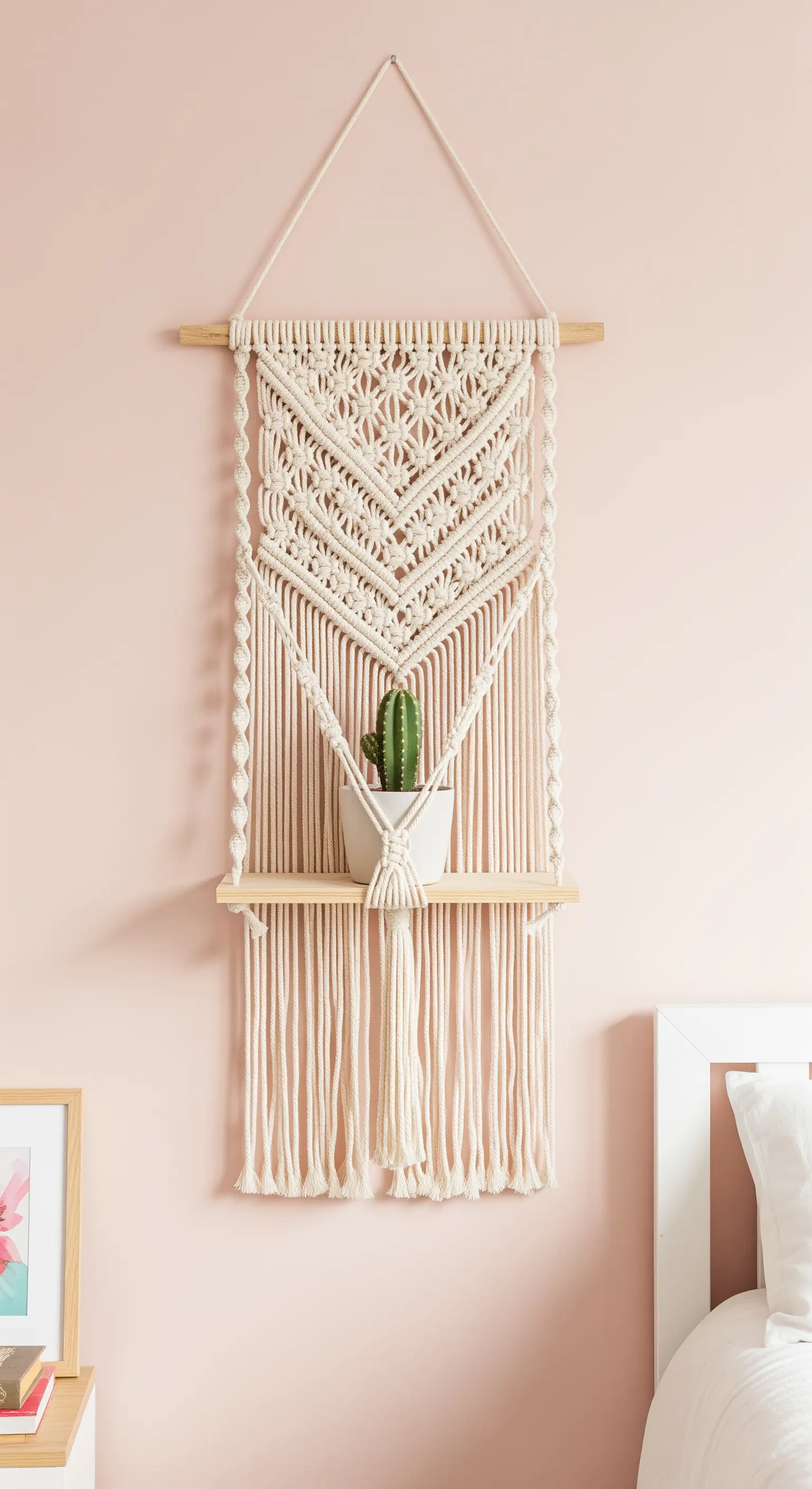 Decorazione murale in macramè che integra una piccola mensola di legno con un cactus.