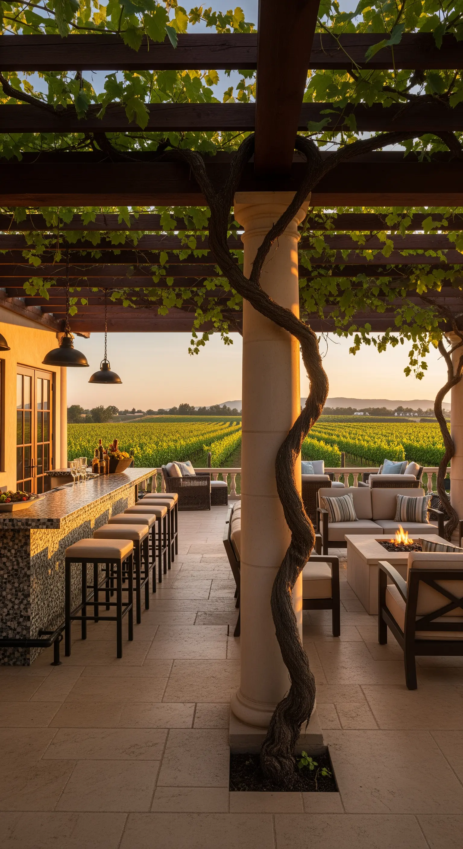 Veranda con bar esterno, area lounge e braciere, con vista su un vigneto.