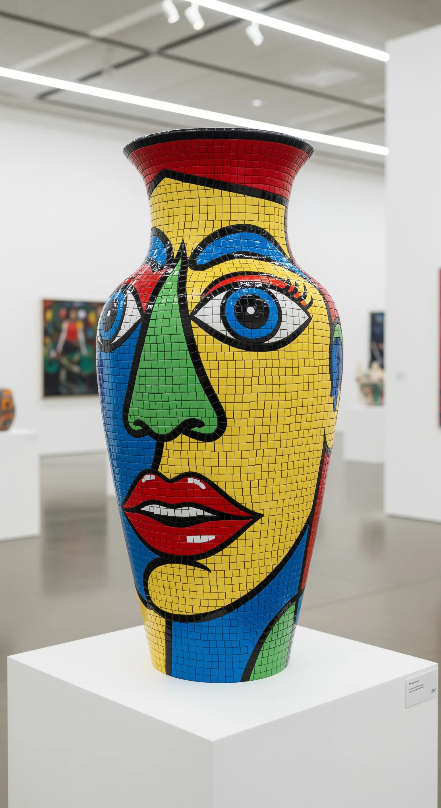 Grande vaso a mosaico colorato che raffigura un volto astratto in stile cubista, esposto in una galleria.