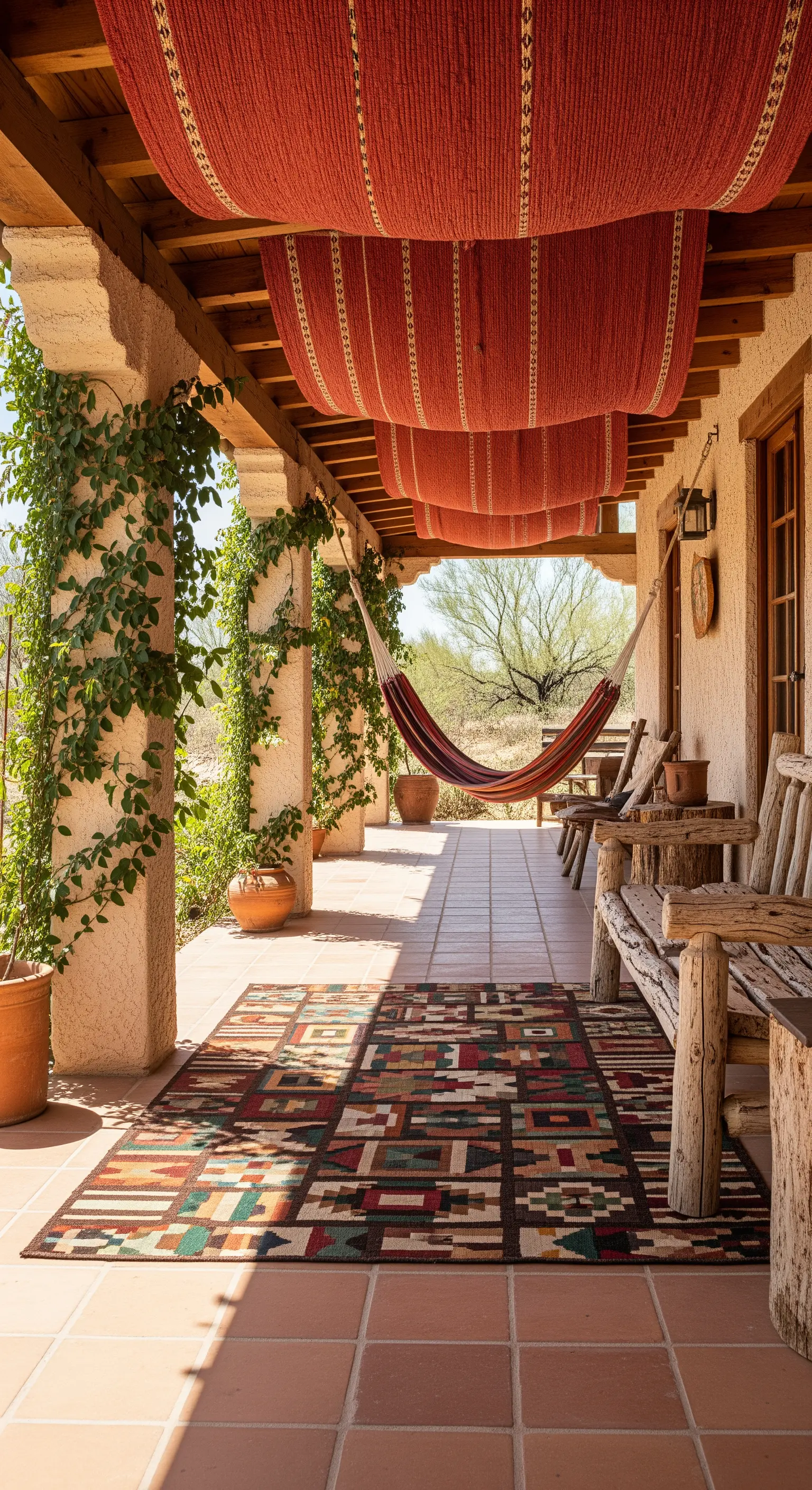 Portico rustico con teli rossi tesi al soffitto, panche in legno grezzo e un'amaca.