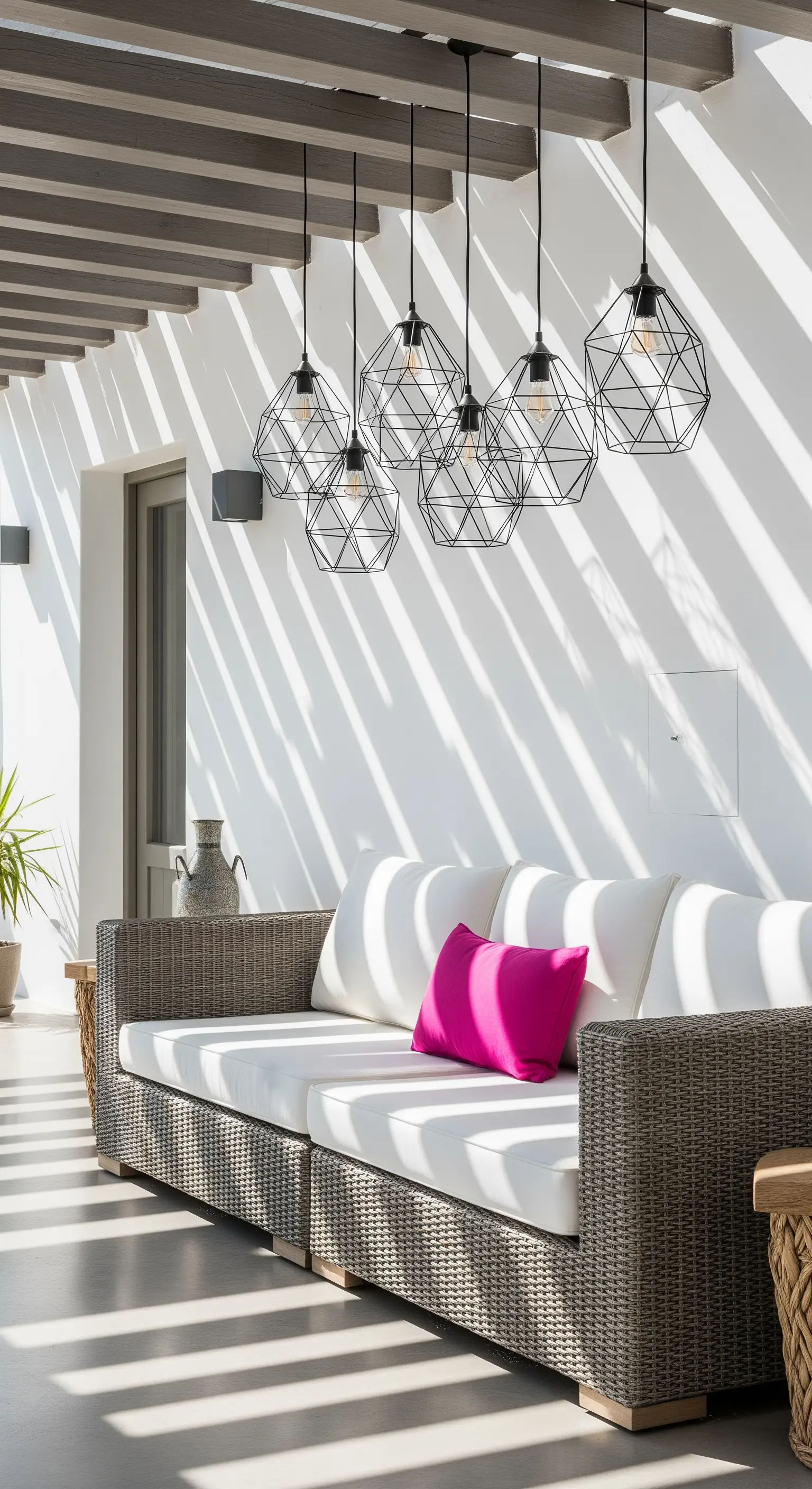 Divano bianco sotto un portico con lampade a sospensione geometriche che creano ombre nette.