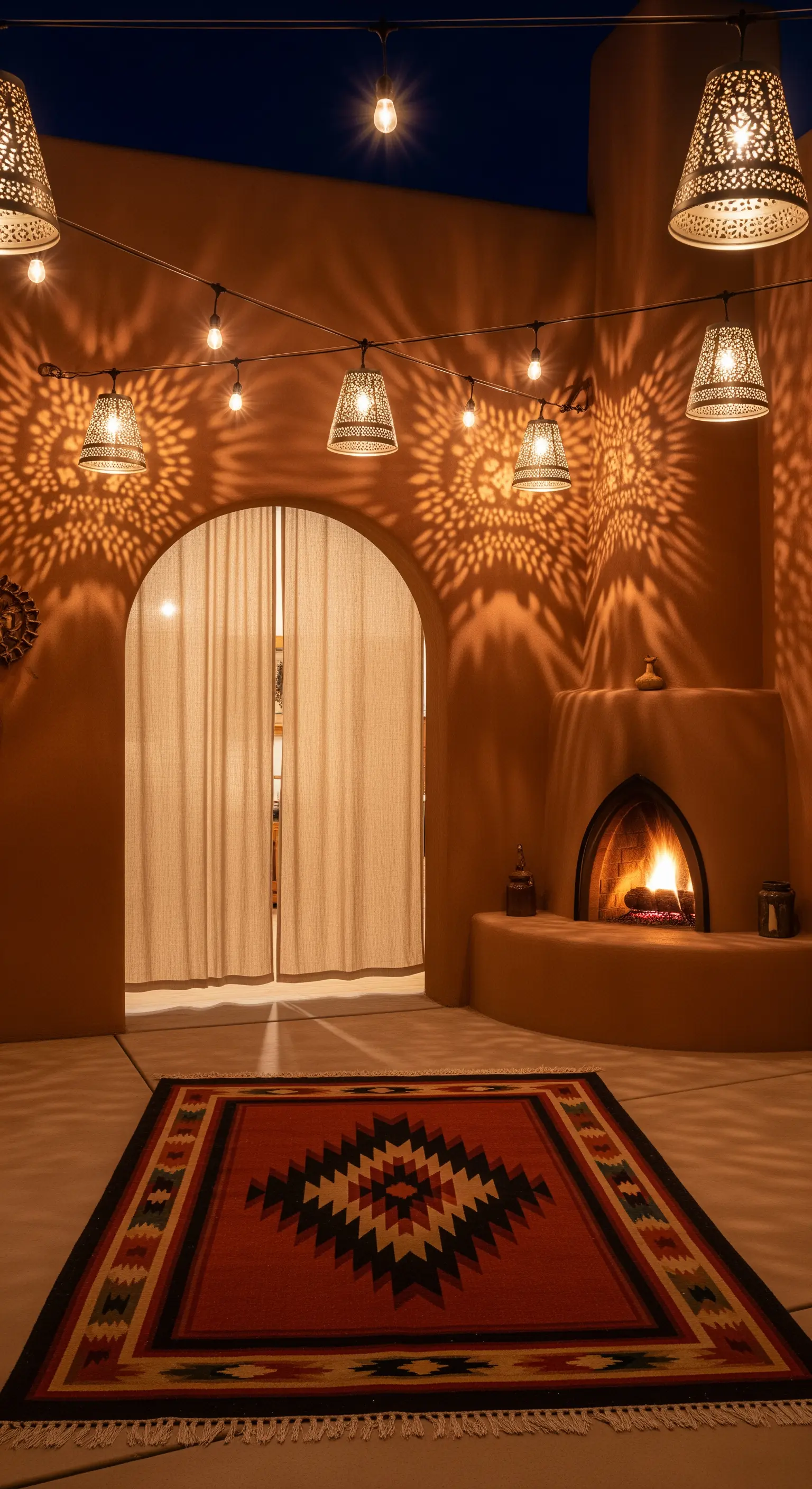 Patio in stile adobe con camino, tappeto navajo e lanterne che creano ombre.