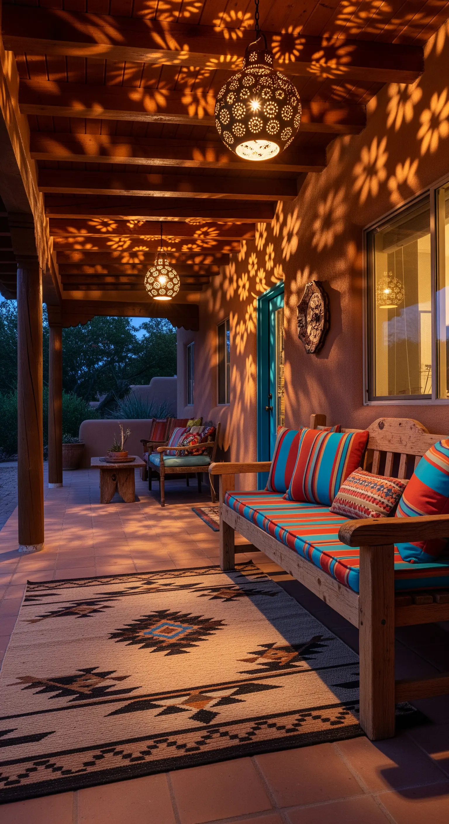 Portico in stile marocchino con panche in legno, tessuti colorati e lanterne traforate.