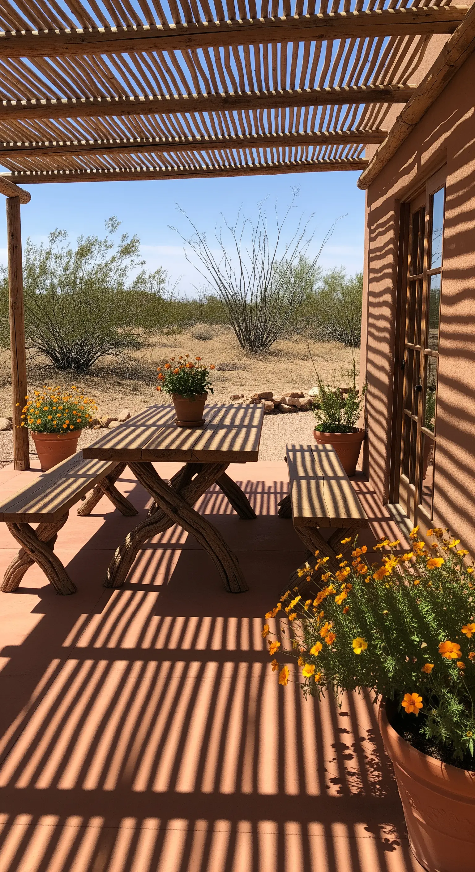 Patio in terracotta con tavolo in legno sotto una pergola che proietta ombre a strisce.