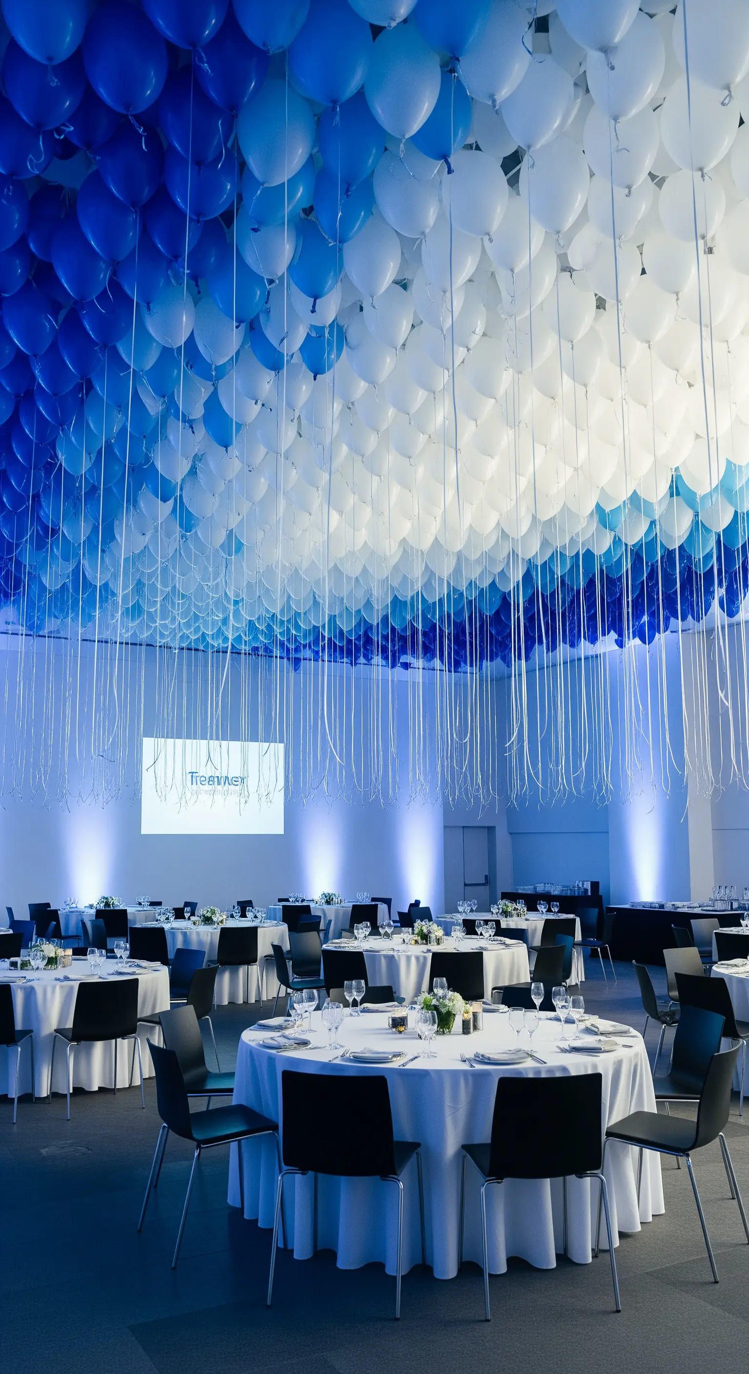 Un soffitto coperto di palloncini disposti a gradiente dal blu scuro al bianco.