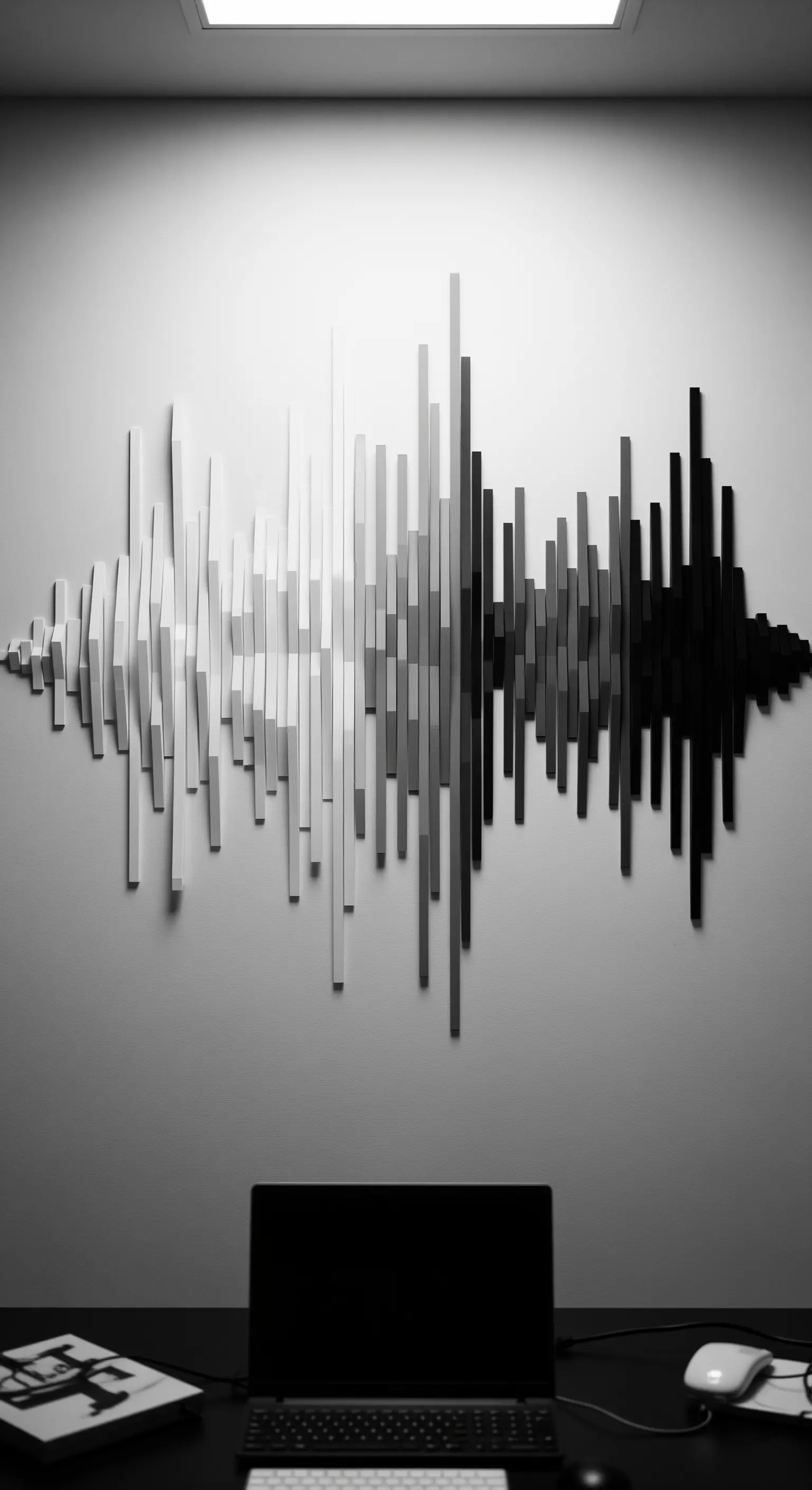 Installazione murale che rappresenta un'onda sonora, con listelli bianchi, grigi e neri di varie altezze.
