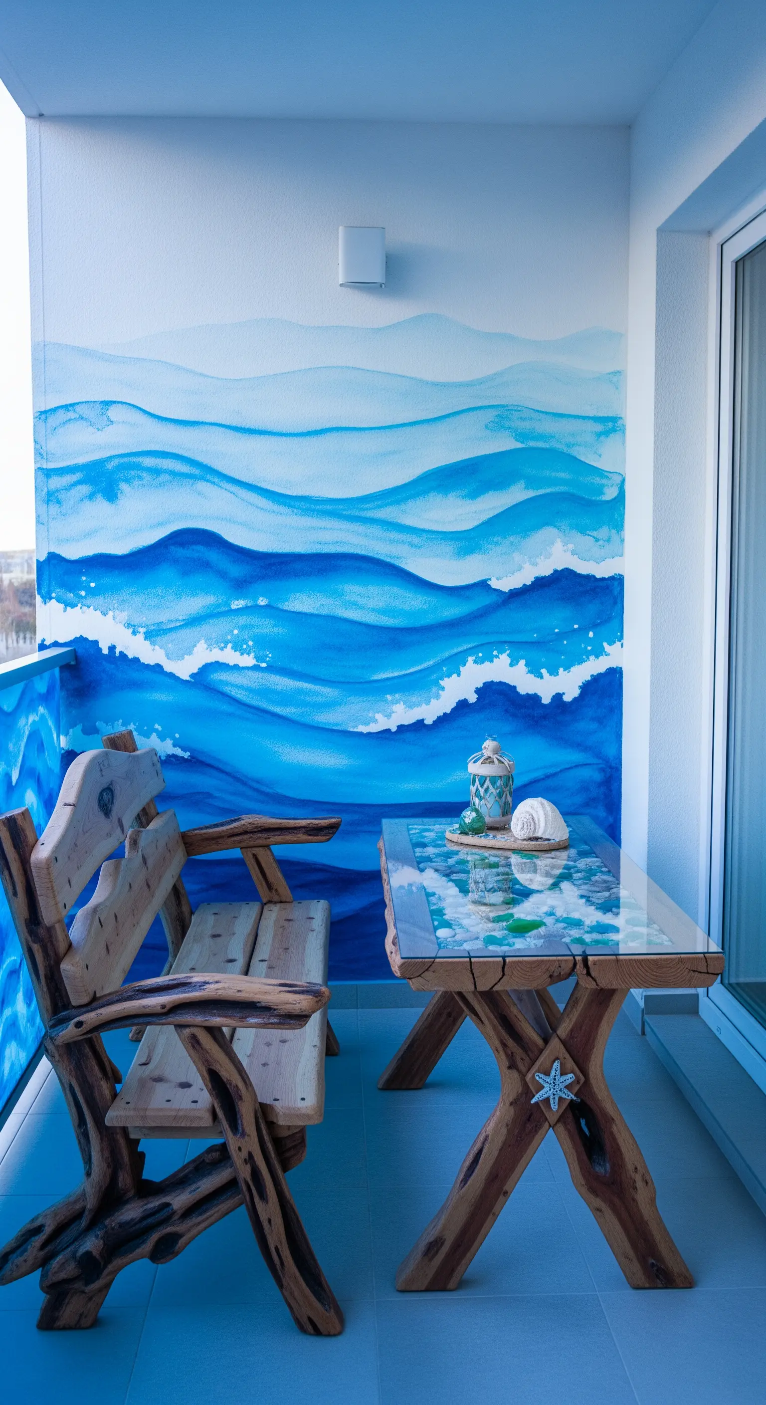 Balcone con murale di onde marine ad acquerello e arredi rustici in legno grezzo.