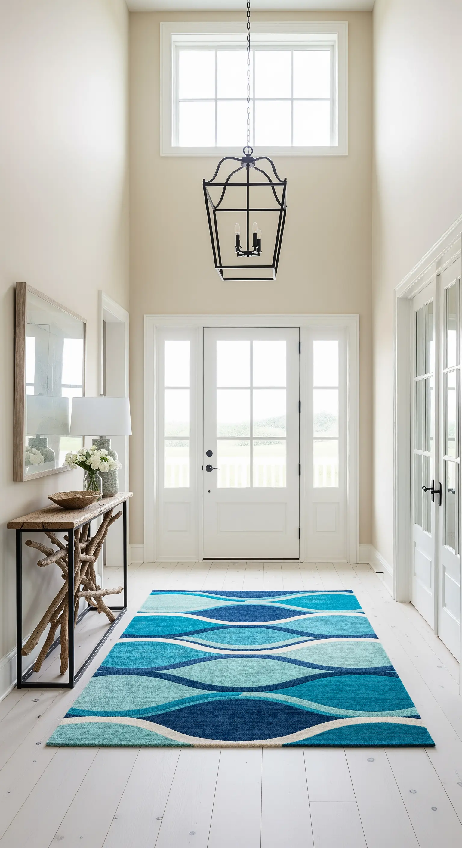 Ingresso a doppia altezza con lampadario a lanterna e tappeto blu a onde.