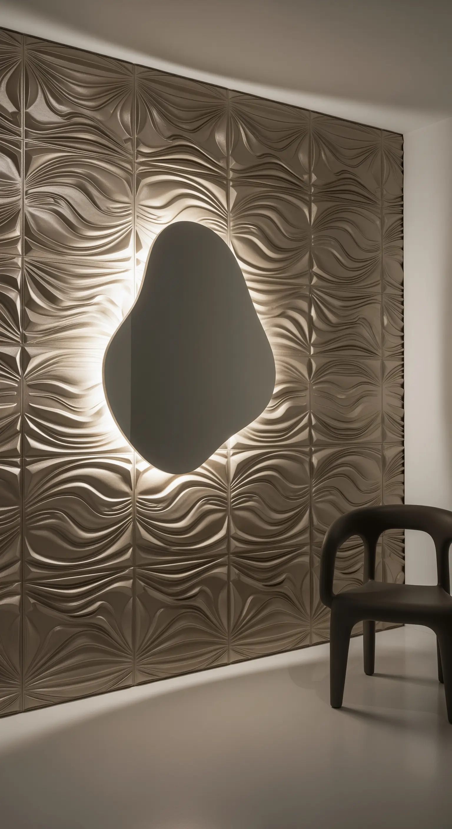 Specchio organico retroilluminato montato su una parete con pannelli 3D a onde.
