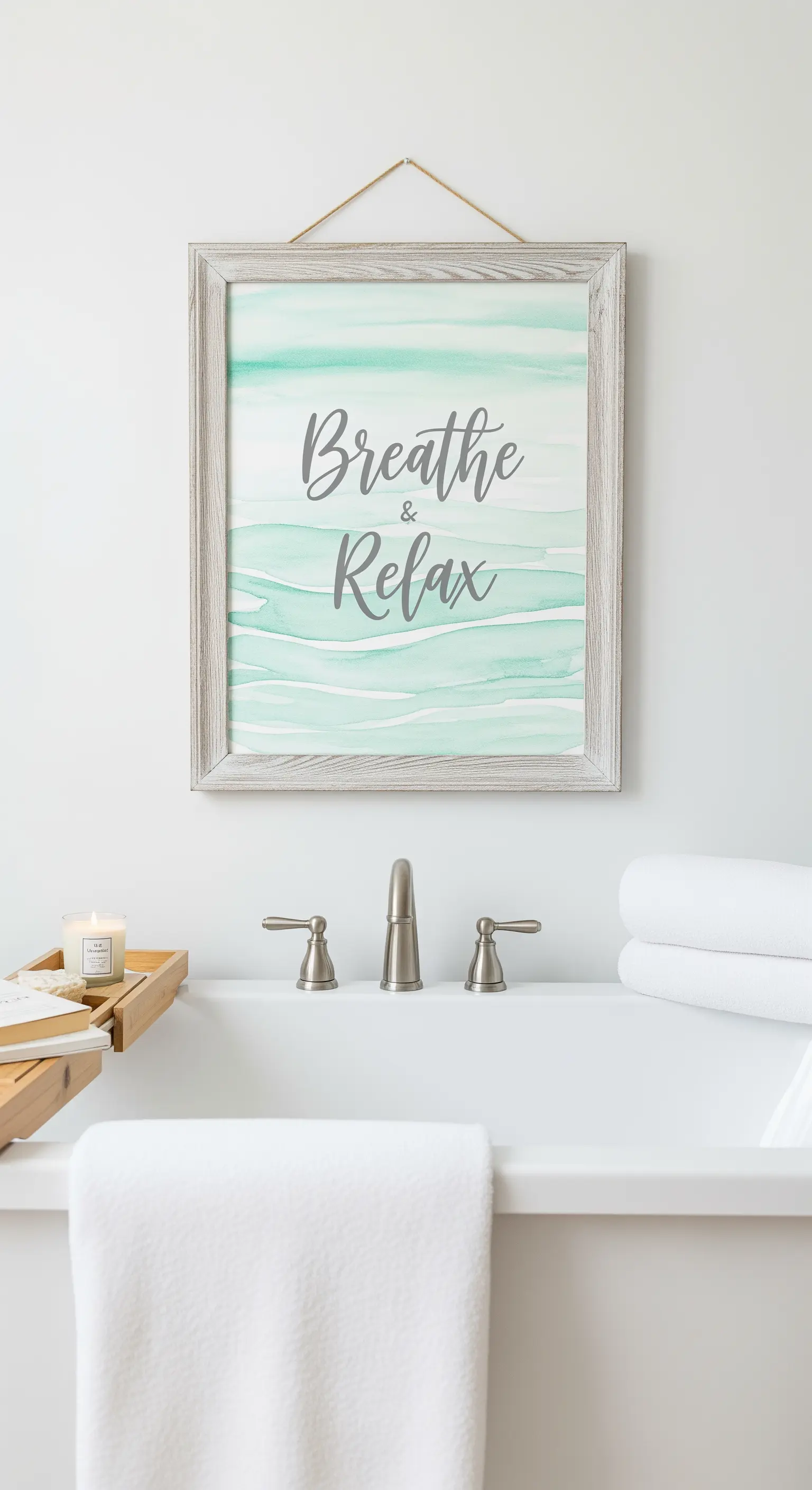 Quadro con la scritta Breathe & Relax su sfondo acquerello verde acqua, appeso sopra una vasca da bagno.