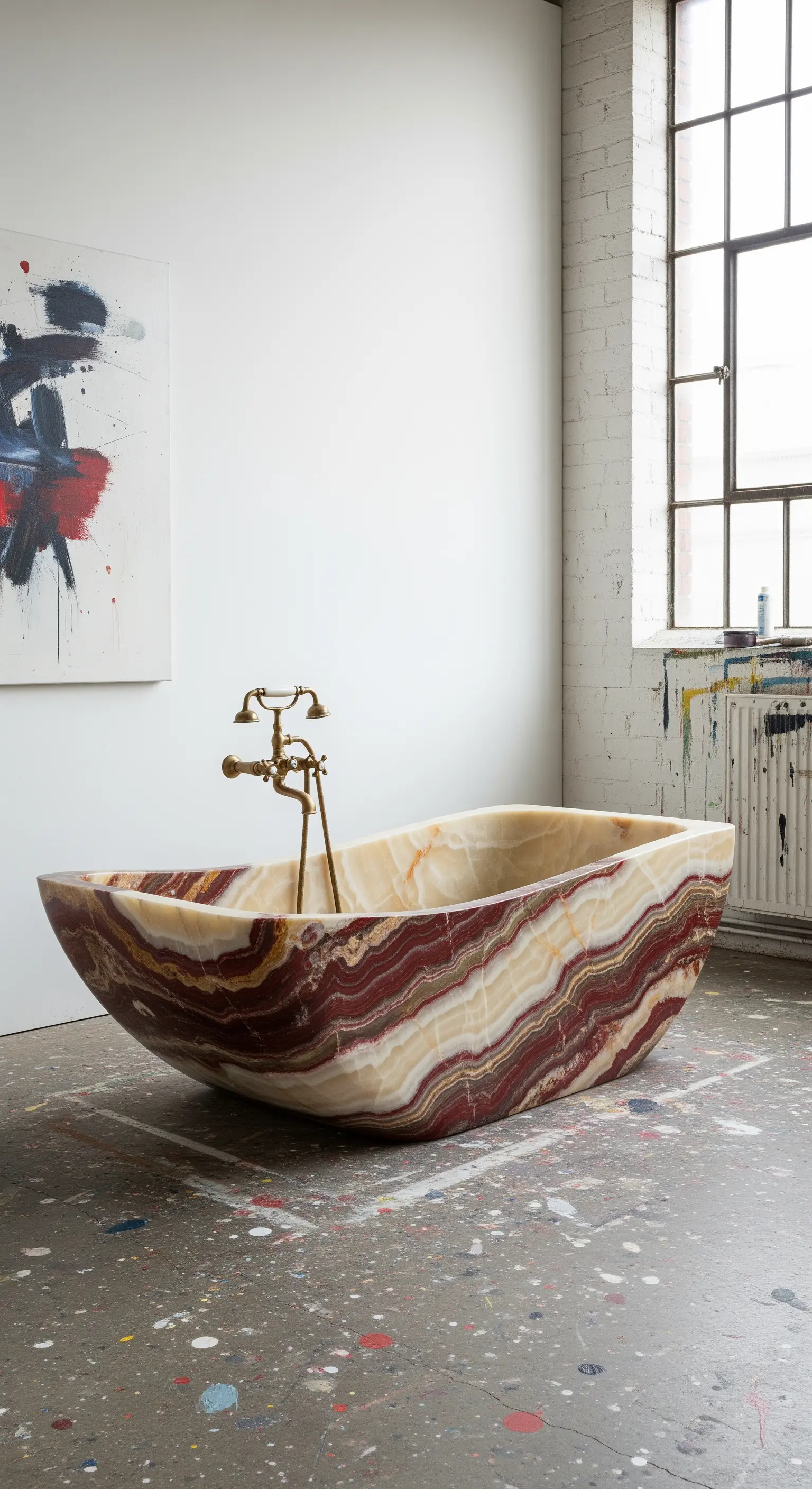 Vasca scultorea in onice con venature rosse e bianche in un loft artistico.