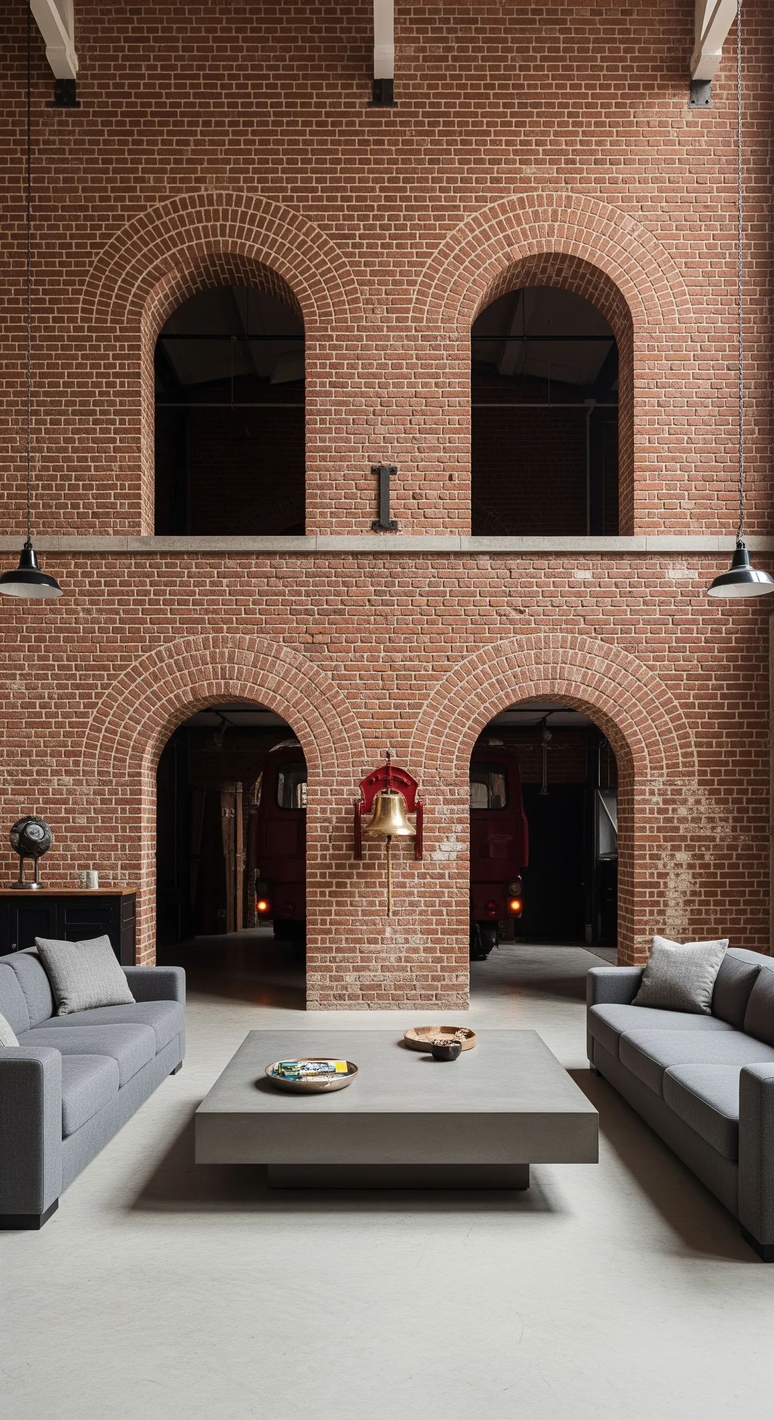 Salotto in una ex caserma dei pompieri, con grandi archi in mattoni e arredi moderni.
