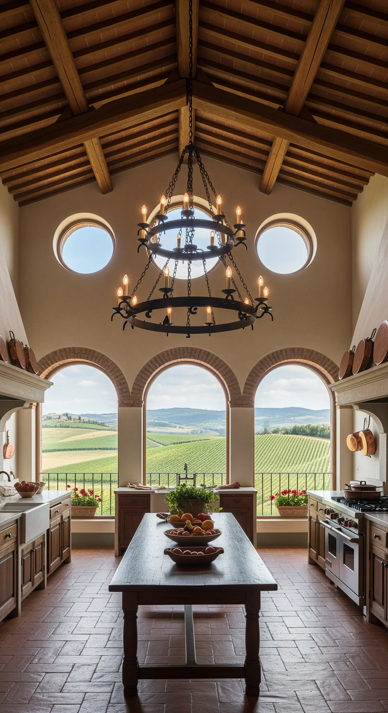 Cucina rustica in stile toscano con travi a vista e grande lampadario in ferro battuto
