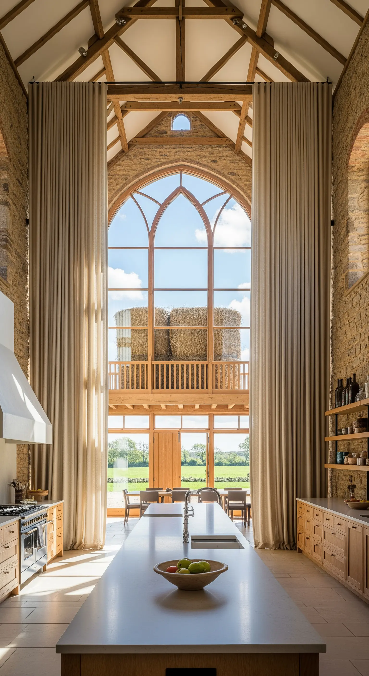 Cucina in un fienile ristrutturato con enorme finestra ad arco e tende beige.