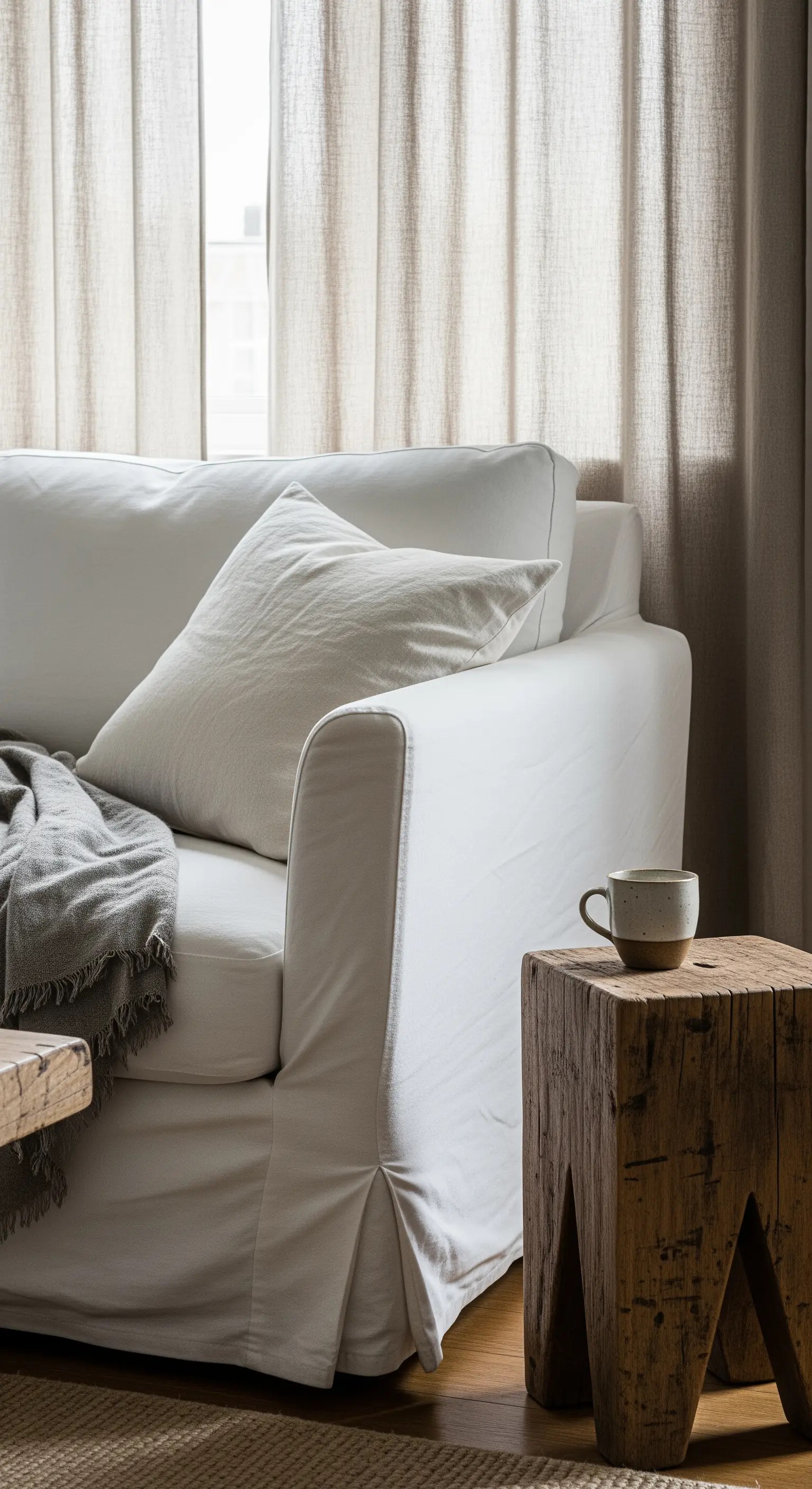 Dettaglio di un divano bianco sfoderabile con cuscino in lino e tavolino in legno grezzo.