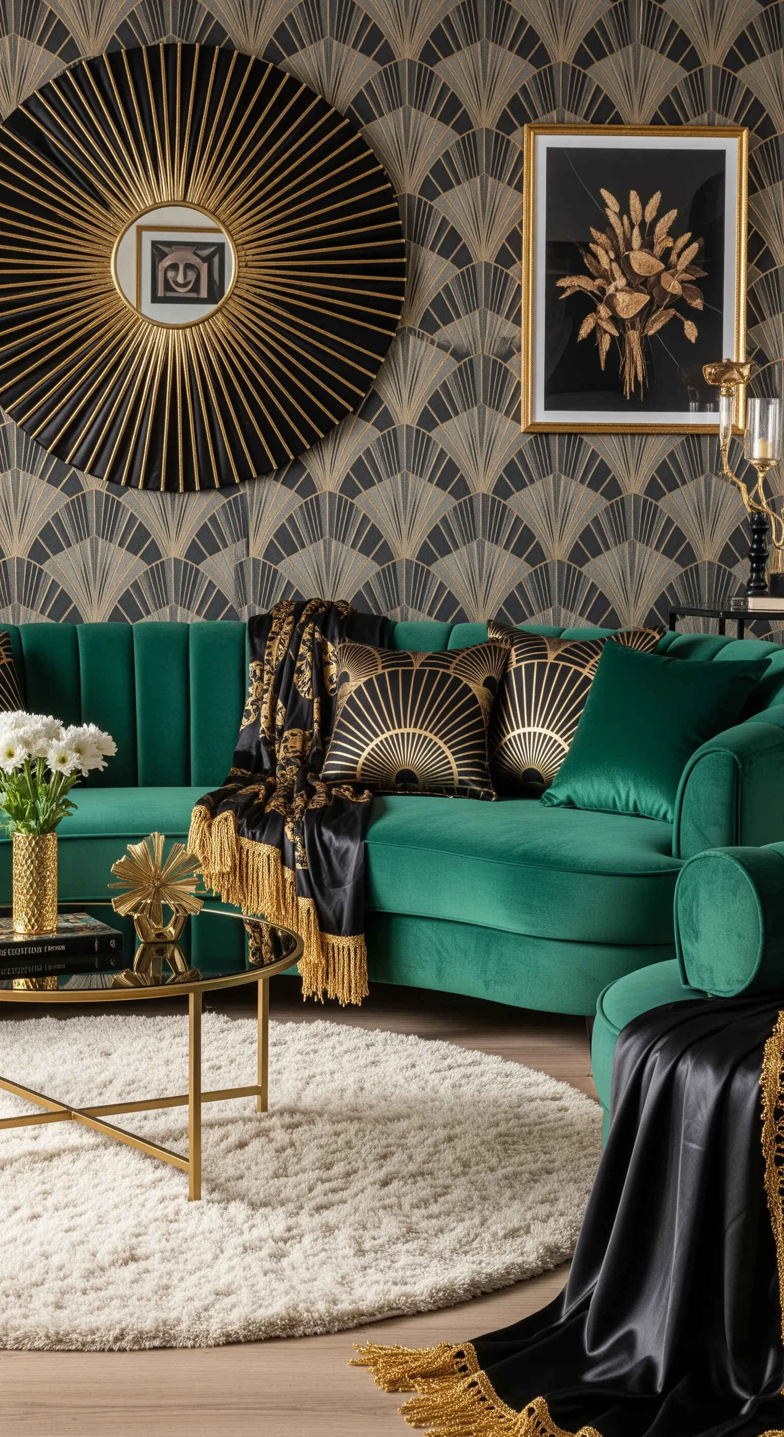 Salotto Art Déco con divano in velluto verde, carta da parati geometrica e dettagli dorati.