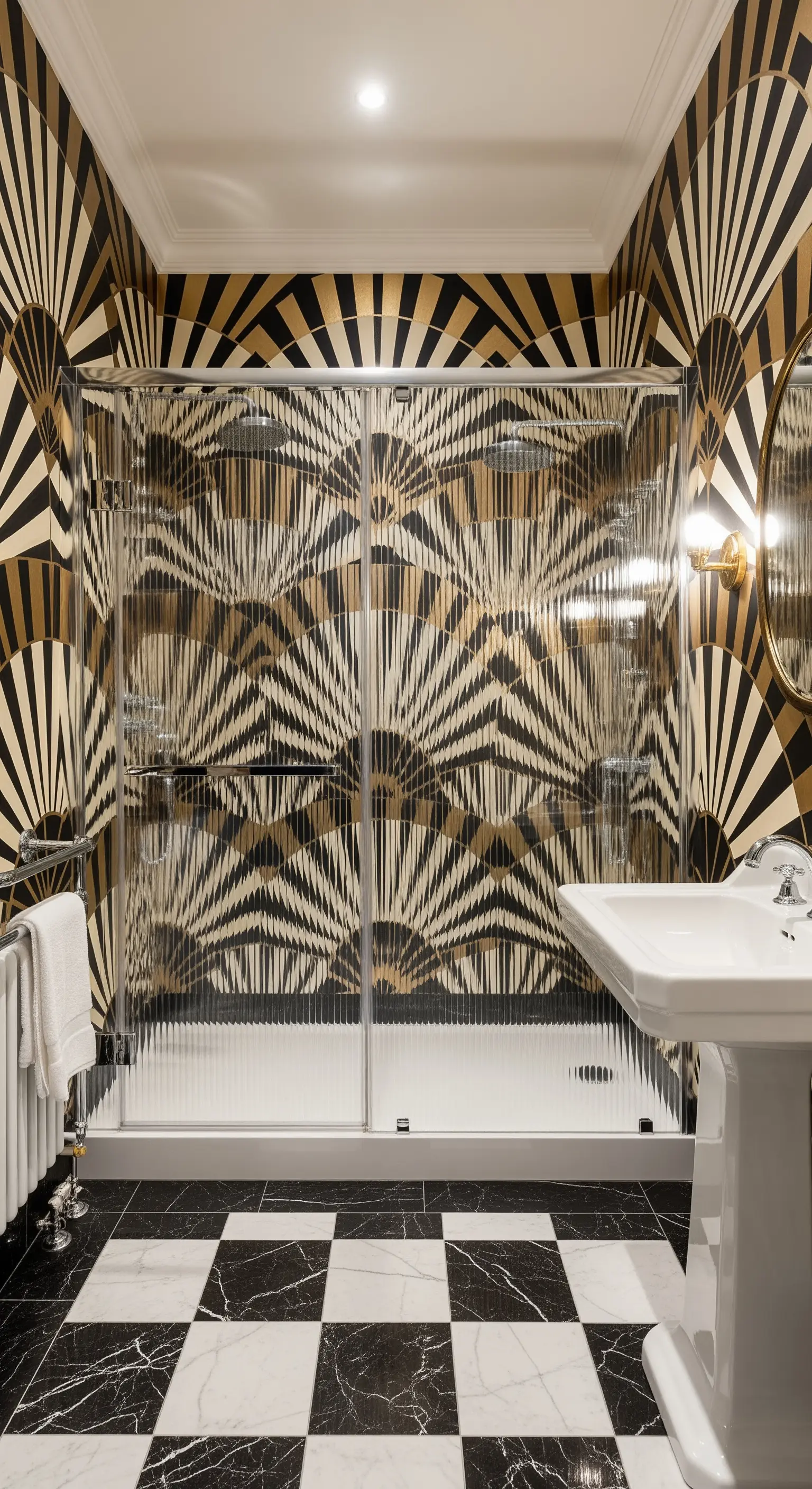Bagno Art Déco con carta da parati a ventaglio oro e nero e pavimento a scacchiera.