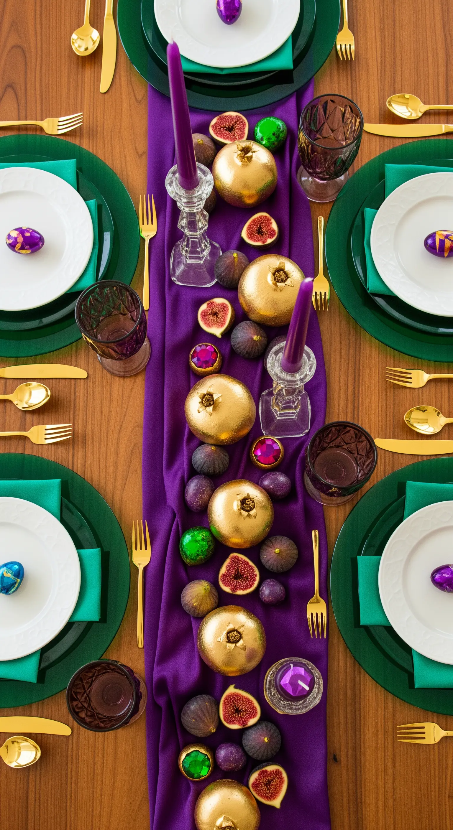 Runner viola con melograne dorate, fichi, candele e uova decorate per una tavola pasquale.