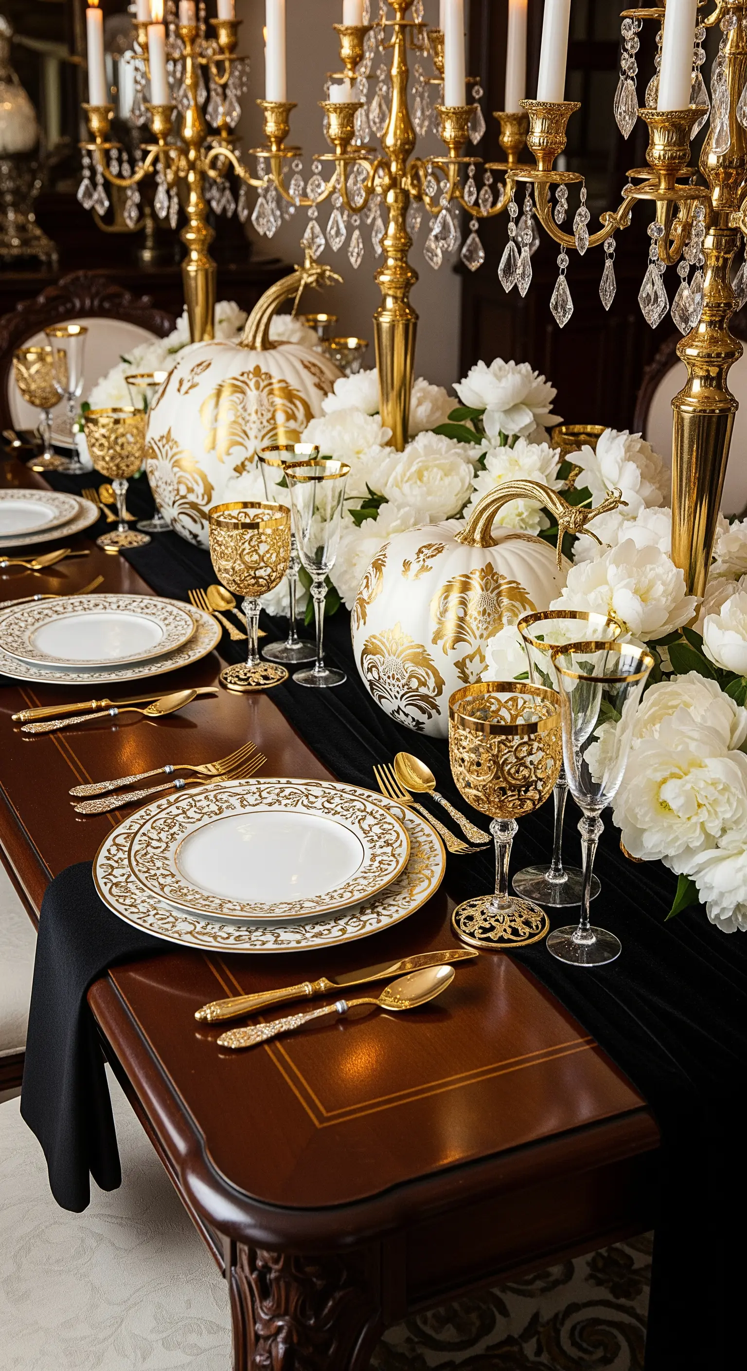 Tavola barocca con zucche decorate con motivi damascati dorati e candelabri di cristallo.